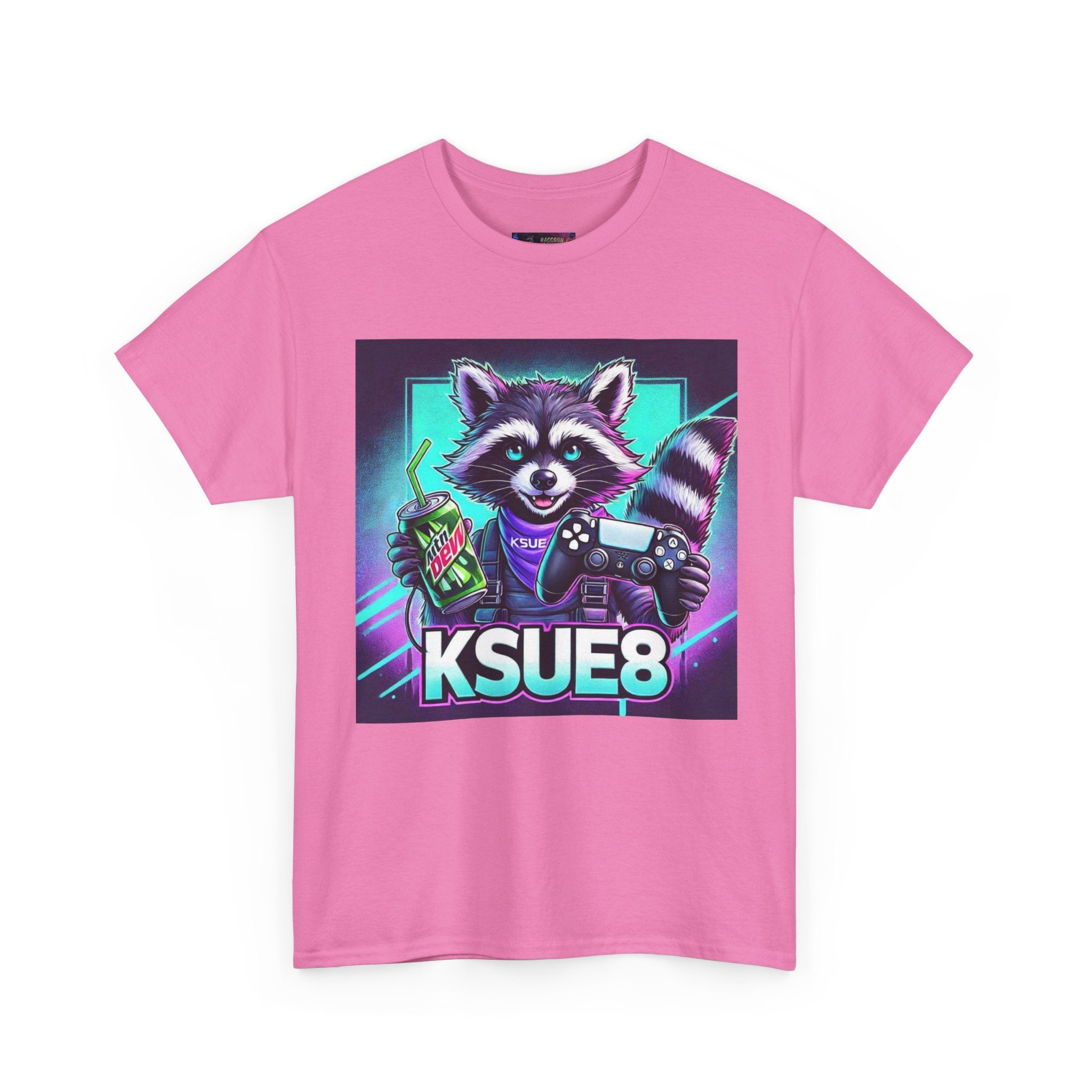 Raccoon Gamer Graphic Tee — 'KSUE8' Neon Retro Gaming T-Shirt