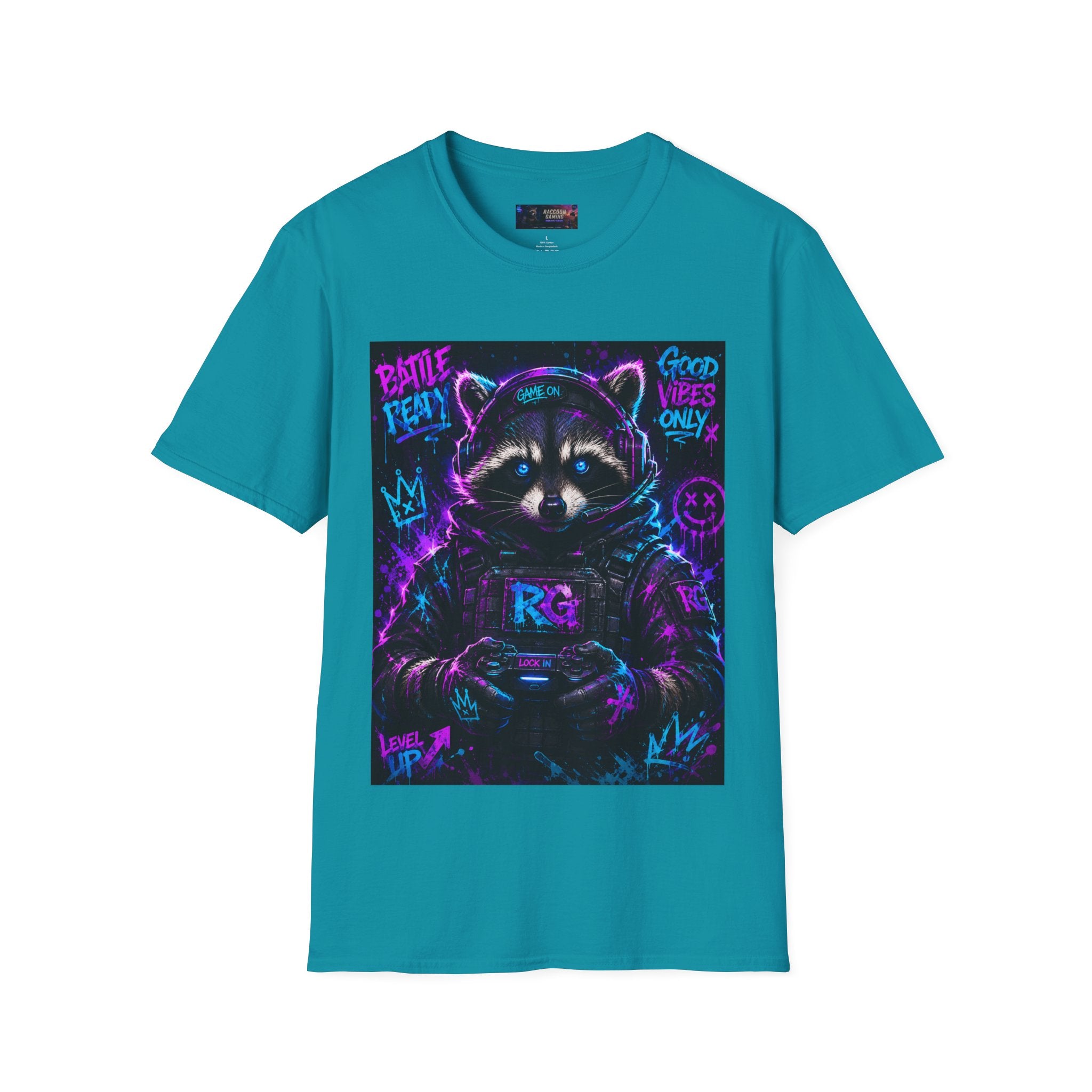Raccoon Neon Graphic T-Shirt — "Good Vibes Only" Retro Gamer Streetwear