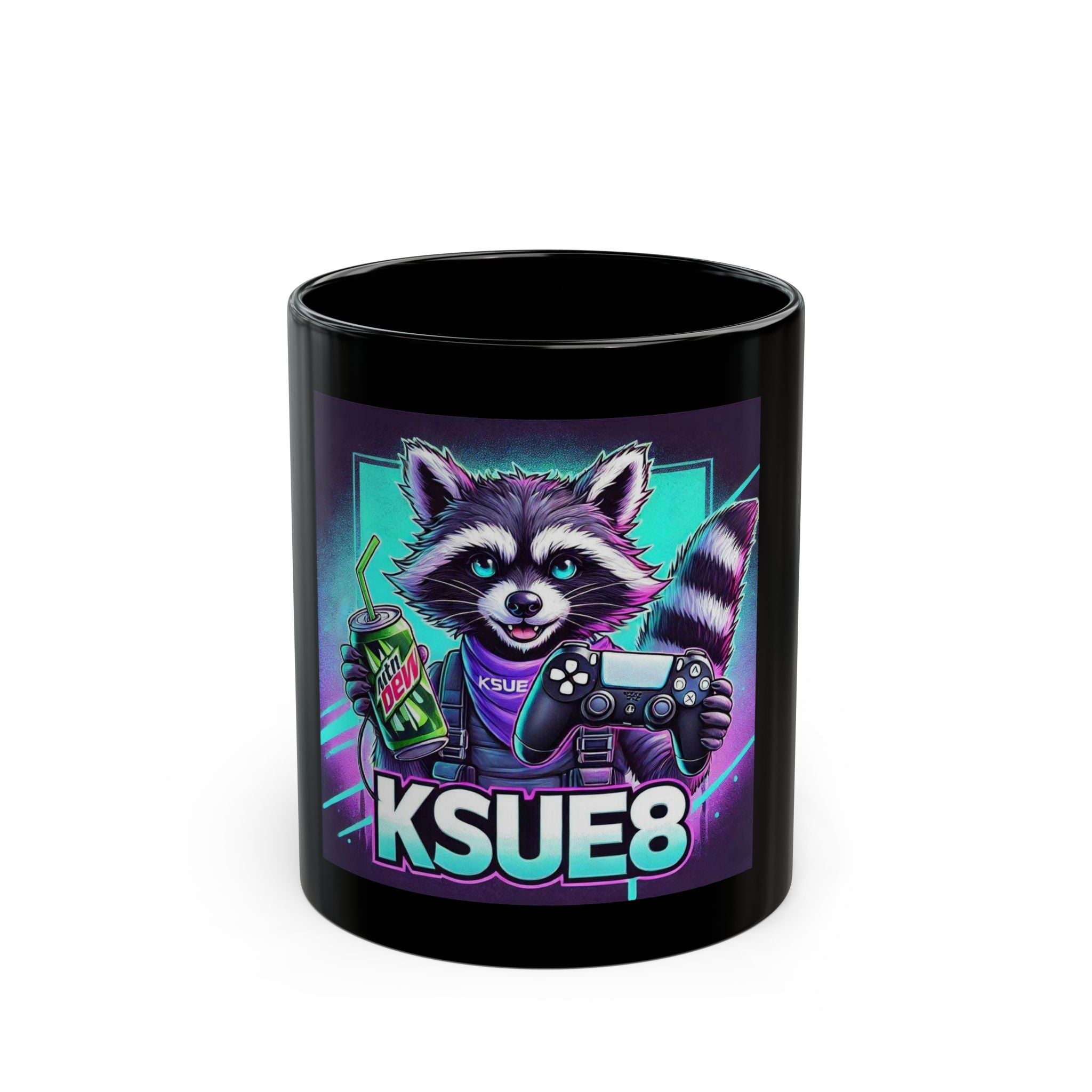 Gamer Raccoon Black Mug — KSUE8 Gaming Controller & Energy Drink Design (11oz/15oz)