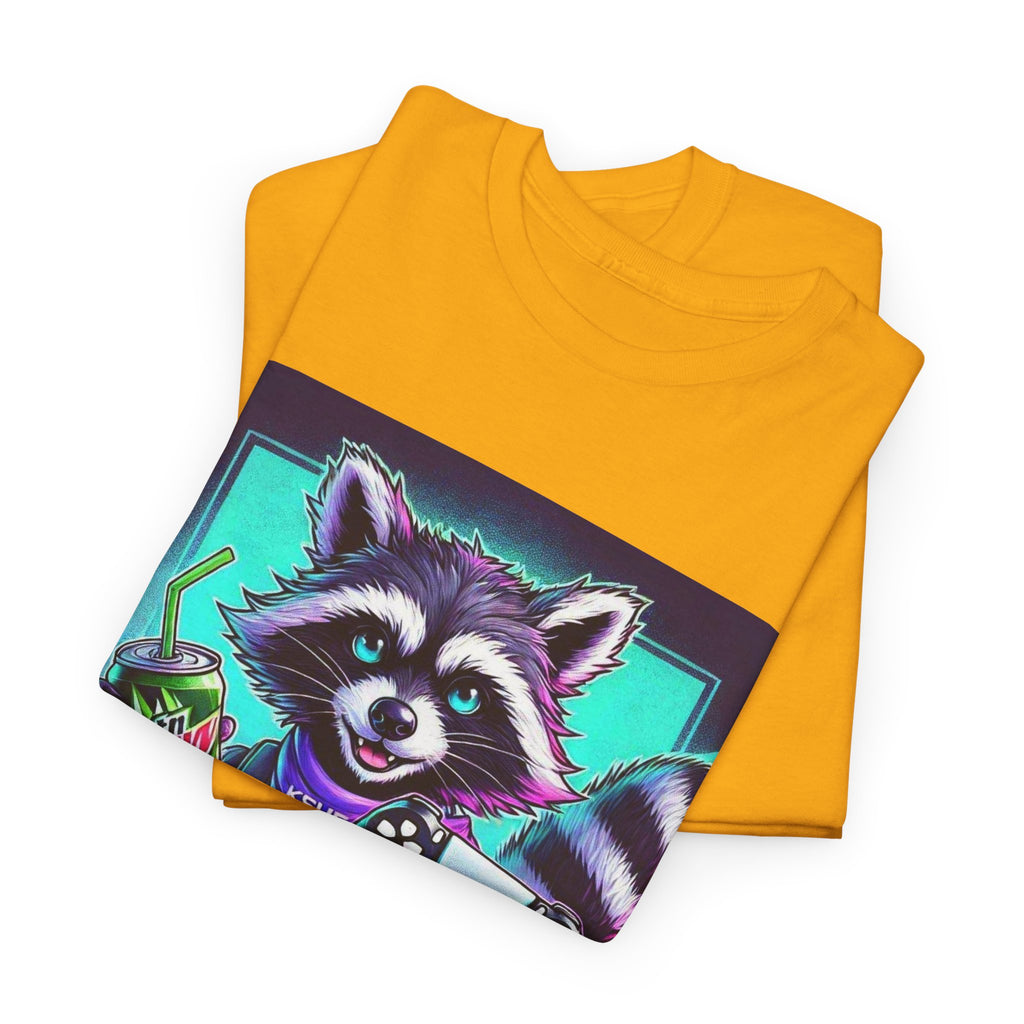 Raccoon Gamer Graphic Tee — 'KSUE8' Neon Retro Gaming T-Shirt