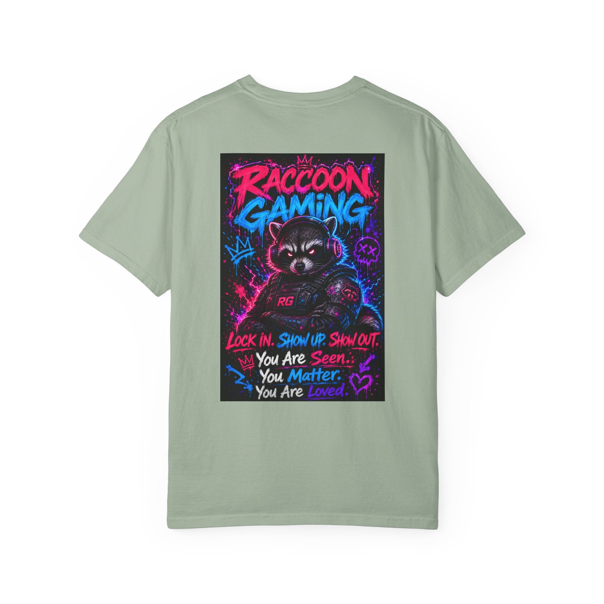 Raccoon Gaming Neon Poster T-Shirt — "Look In, Speak Up, Shine Out" Motivational Tee