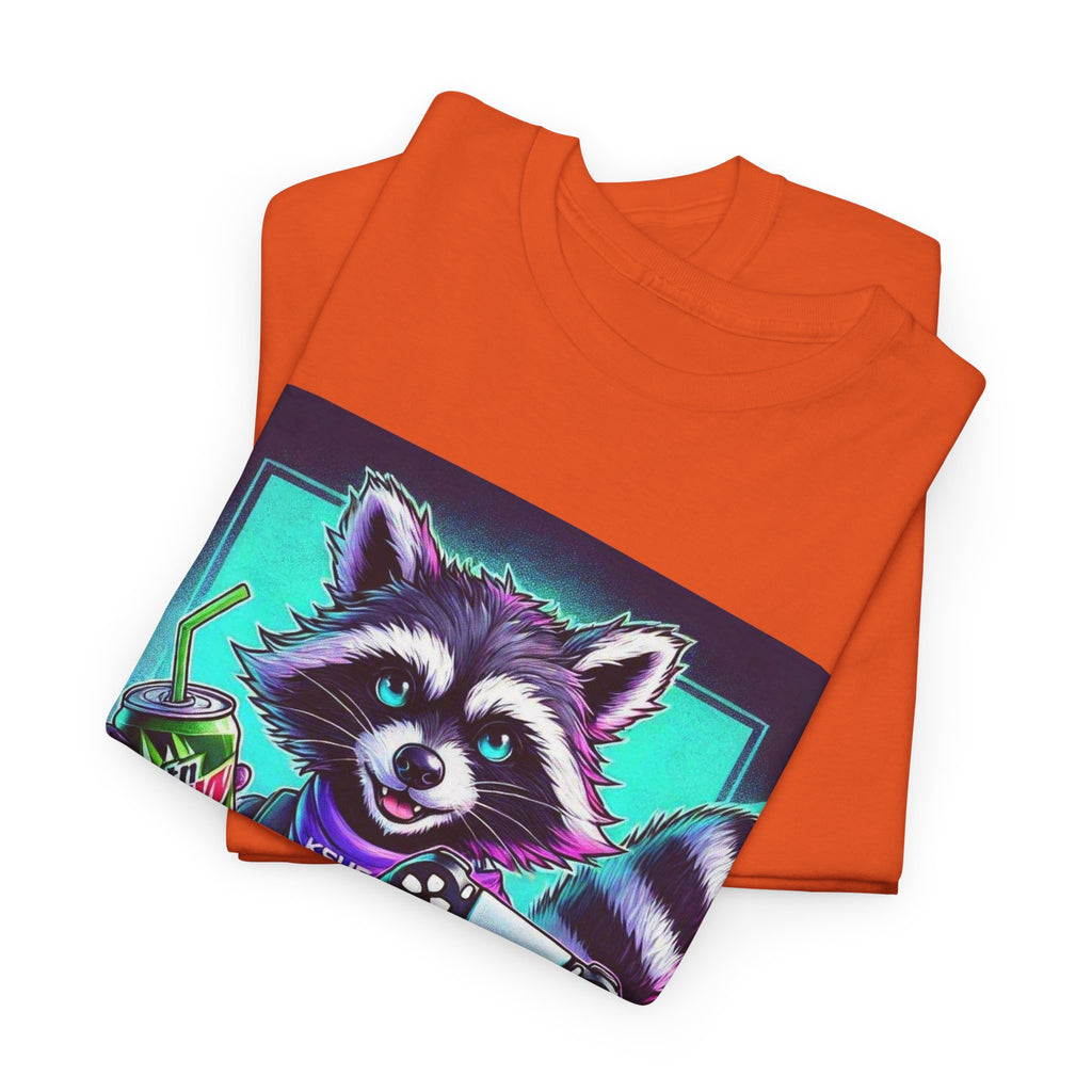 Raccoon Gamer Graphic Tee — 'KSUE8' Neon Retro Gaming T-Shirt