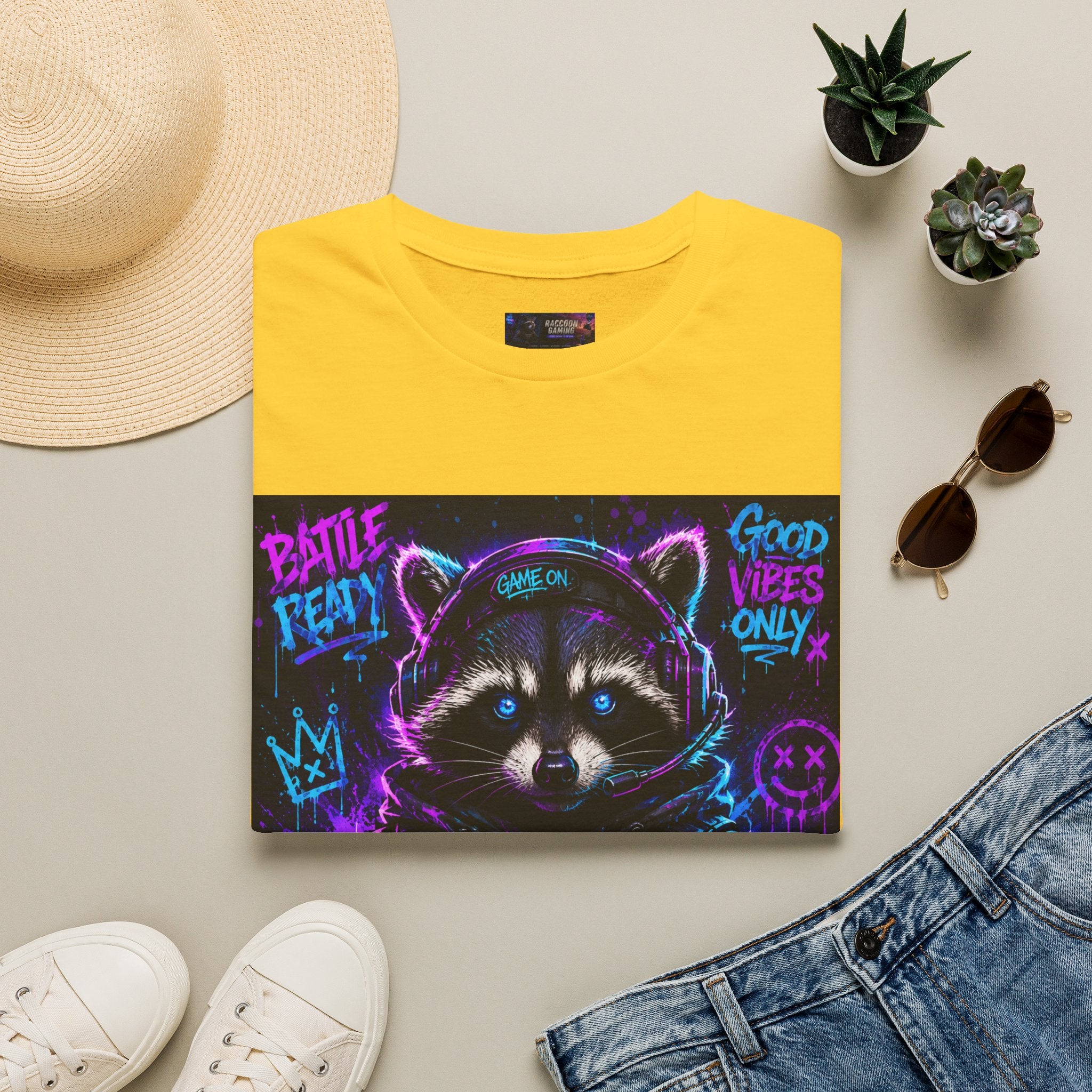Raccoon Neon Graphic T-Shirt — "Good Vibes Only" Retro Gamer Streetwear