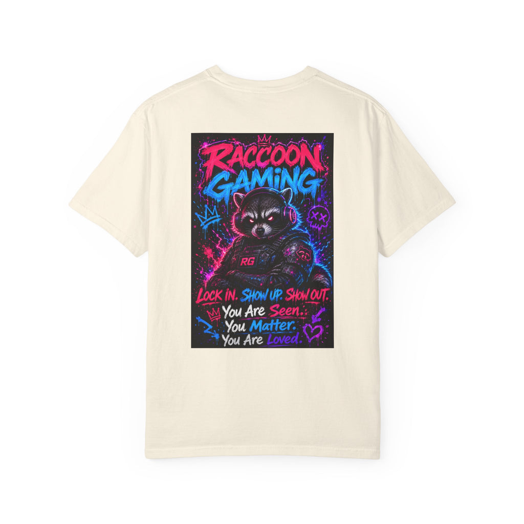 Raccoon Gaming Neon Poster T-Shirt — "Look In, Speak Up, Shine Out" Motivational Tee