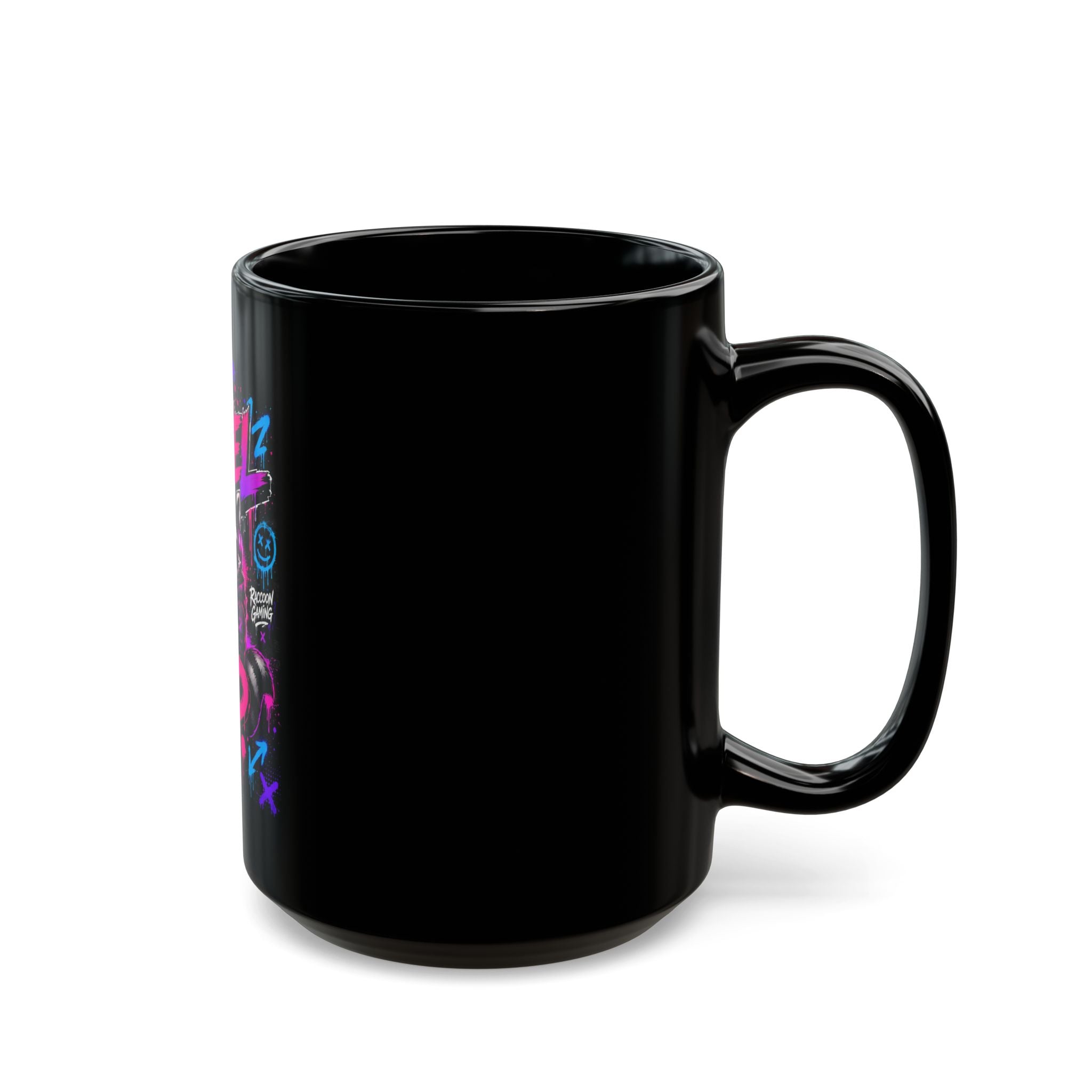 Level Up Gamer Raccoon Black Mug – Neon Retro Gaming Coffee Cup (11oz/15oz)