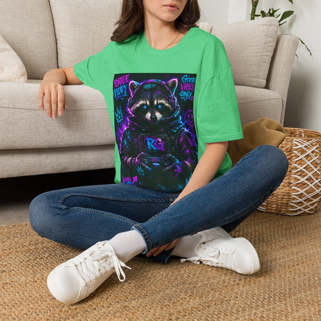 Raccoon Neon Graphic T-Shirt — "Good Vibes Only" Retro Gamer Streetwear