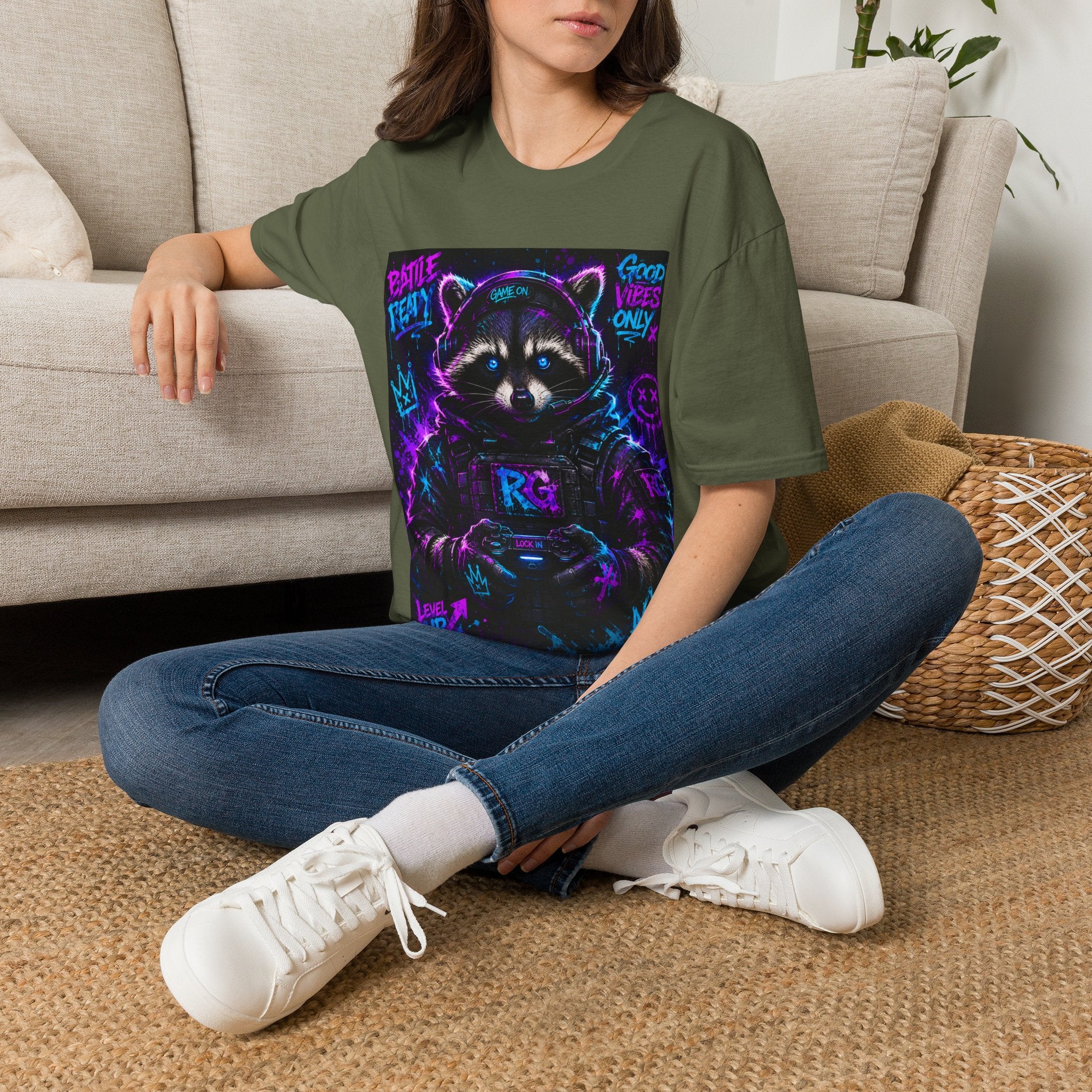 Raccoon Neon Graphic T-Shirt — "Good Vibes Only" Retro Gamer Streetwear