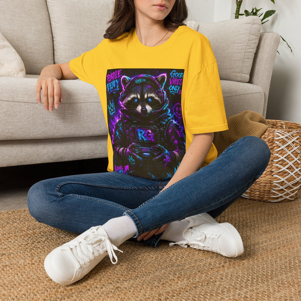 Raccoon Neon Graphic T-Shirt — "Good Vibes Only" Retro Gamer Streetwear