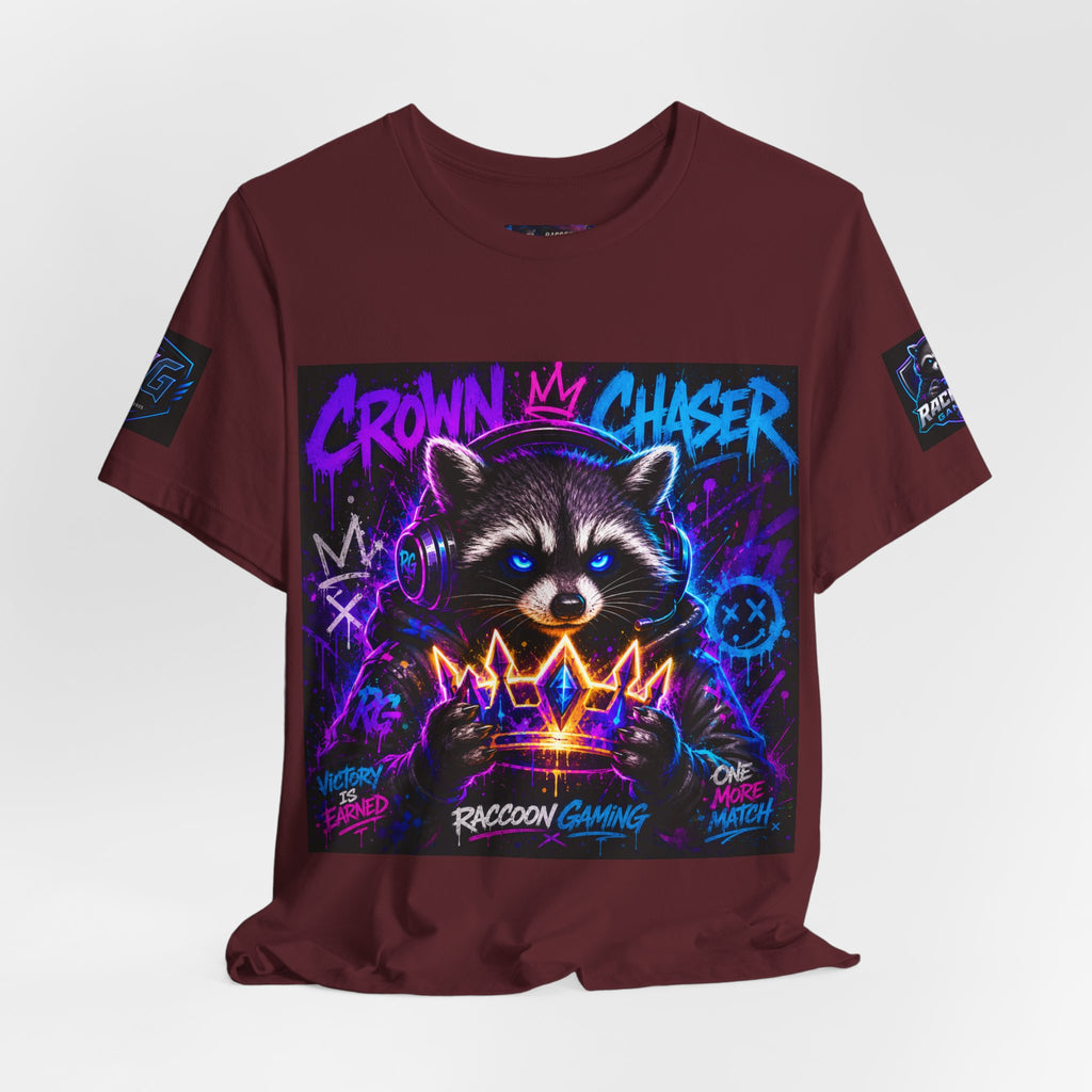 Crown Chaser Raccoon Gaming Tee — "Every Match is Earned" Gamer T-Shirt
