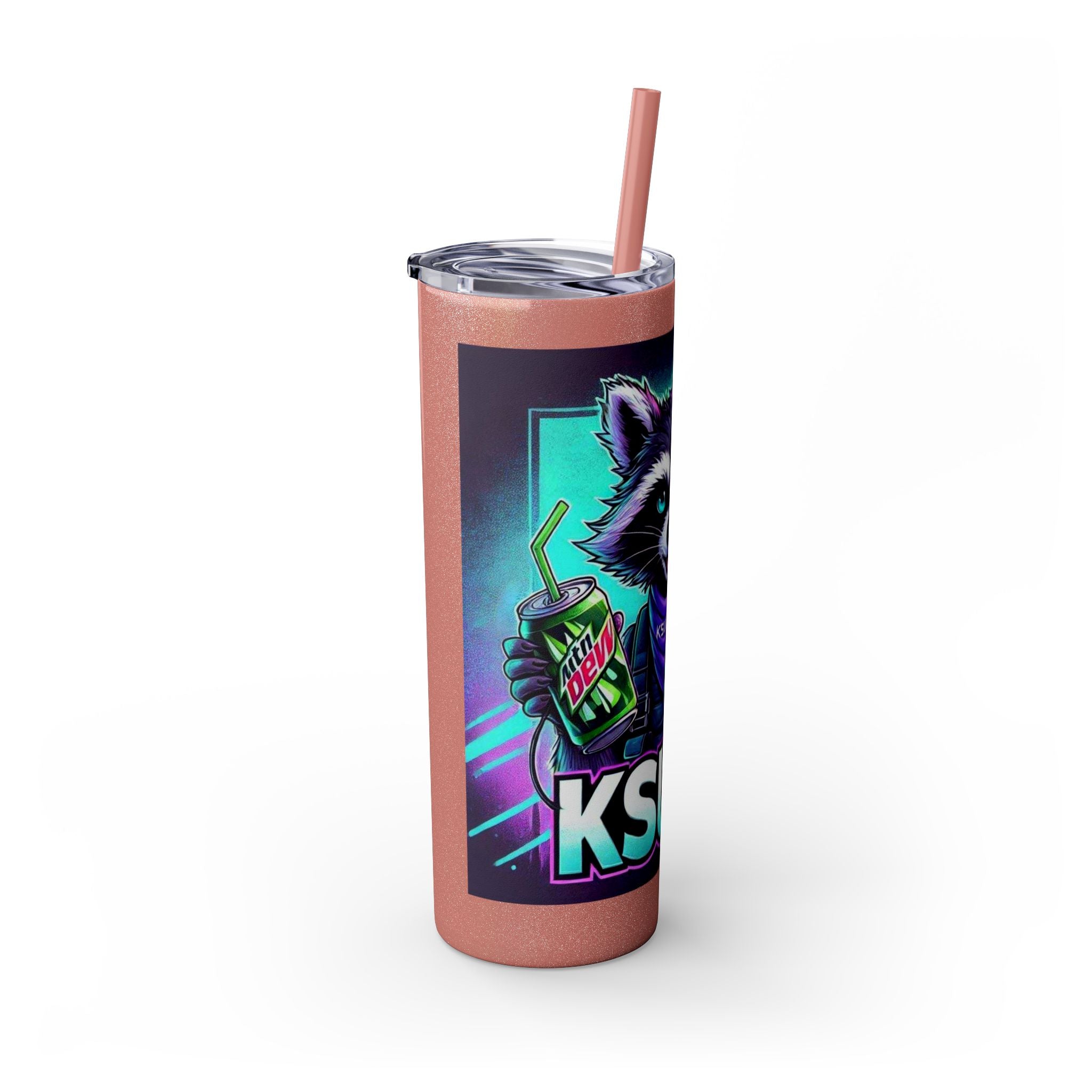 20oz Skinny Tumbler – Neon Gamer Raccoon Design with Straw (KSUE8)