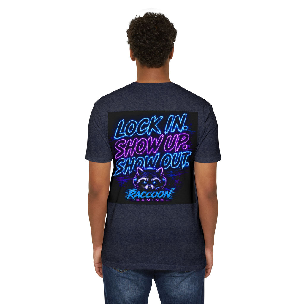Raccoon Gaming T-Shirt — Neon Headset Mascot & “Lock In. Show Up. Show Out.” Graphic