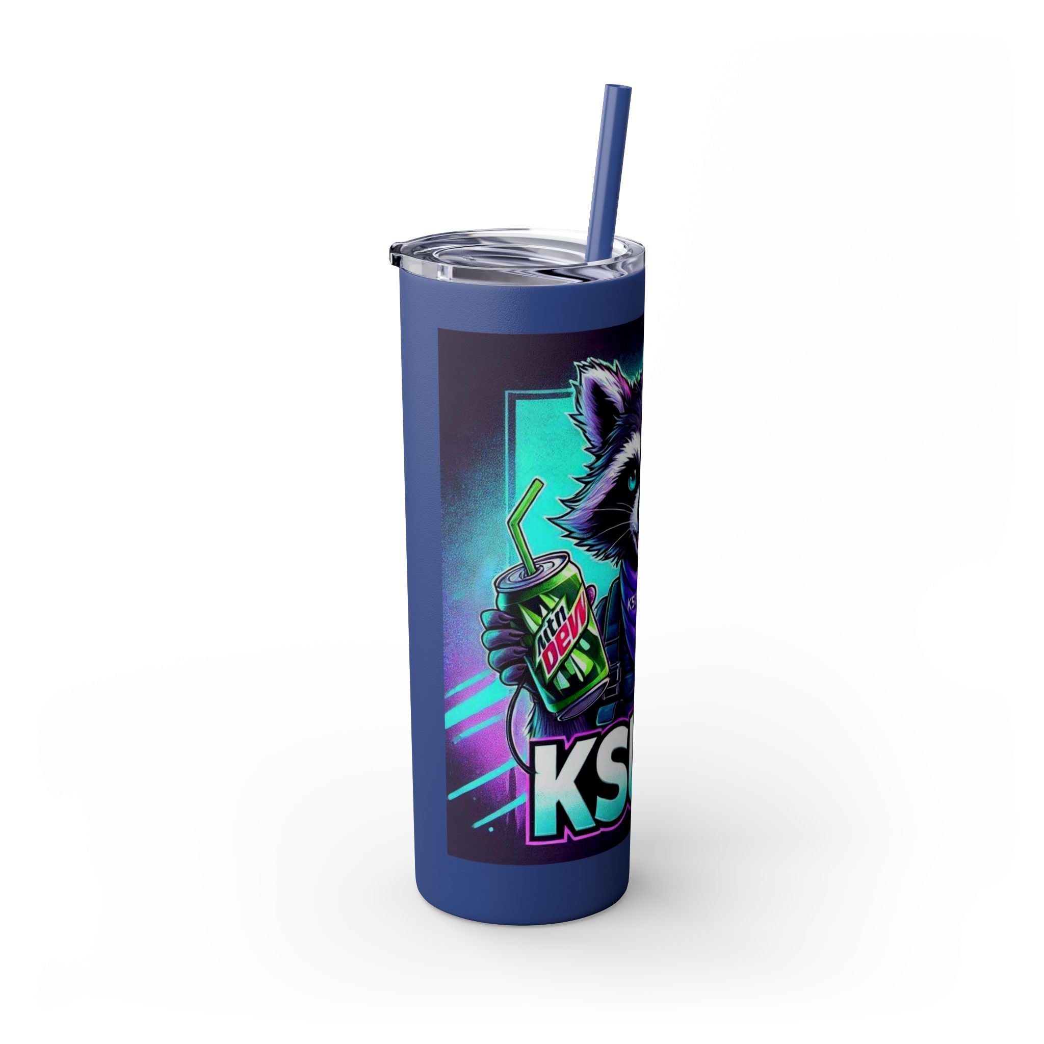 20oz Skinny Tumbler – Neon Gamer Raccoon Design with Straw (KSUE8)
