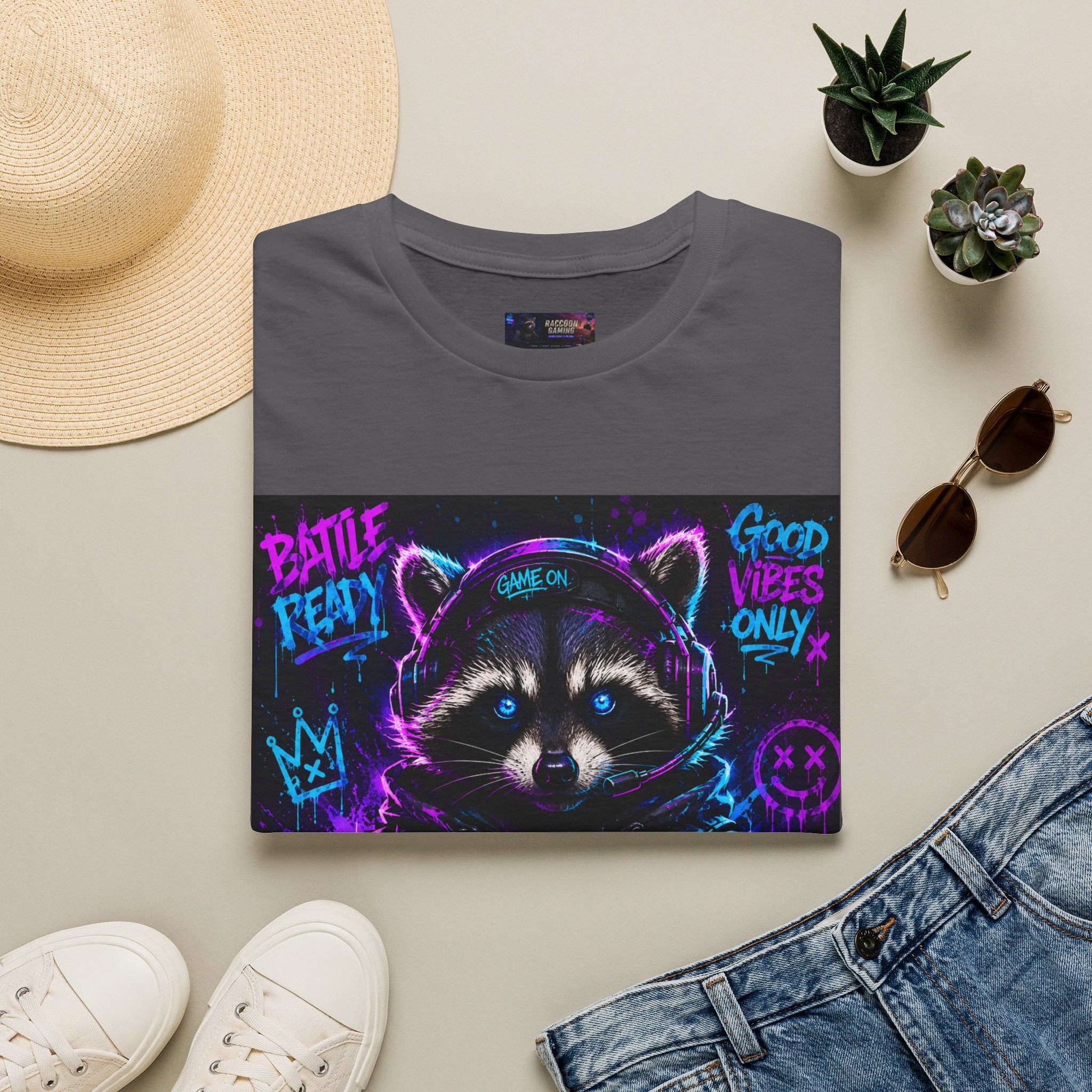 Raccoon Neon Graphic T-Shirt — "Good Vibes Only" Retro Gamer Streetwear
