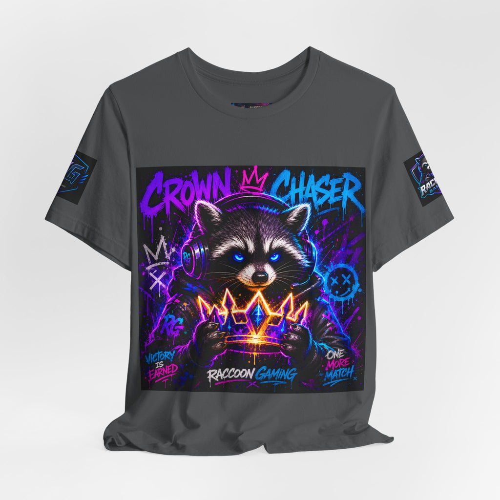 Crown Chaser Raccoon Gaming Tee — "Every Match is Earned" Gamer T-Shirt