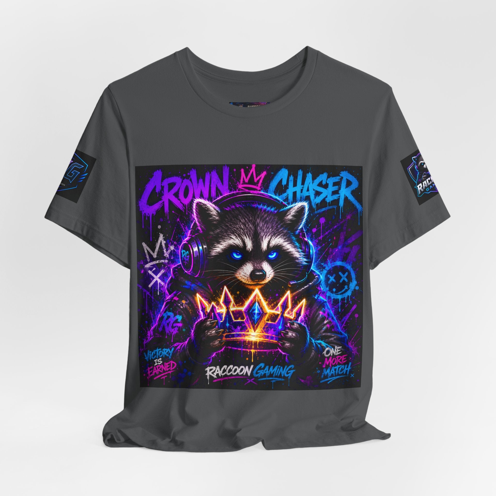 Crown Chaser Raccoon Gaming Tee — "Every Match is Earned" Gamer T-Shirt