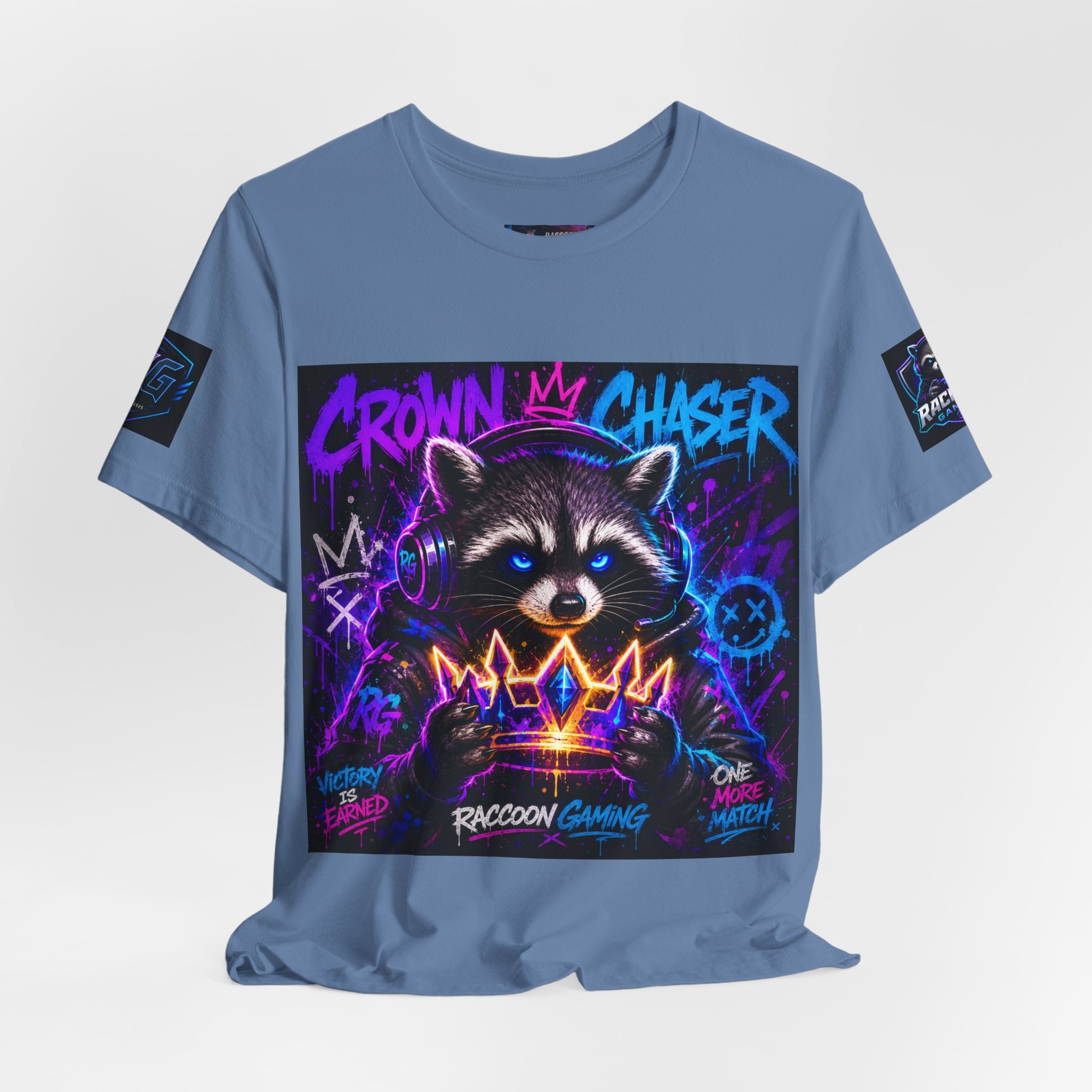 Crown Chaser Raccoon Gaming Tee — "Every Match is Earned" Gamer T-Shirt