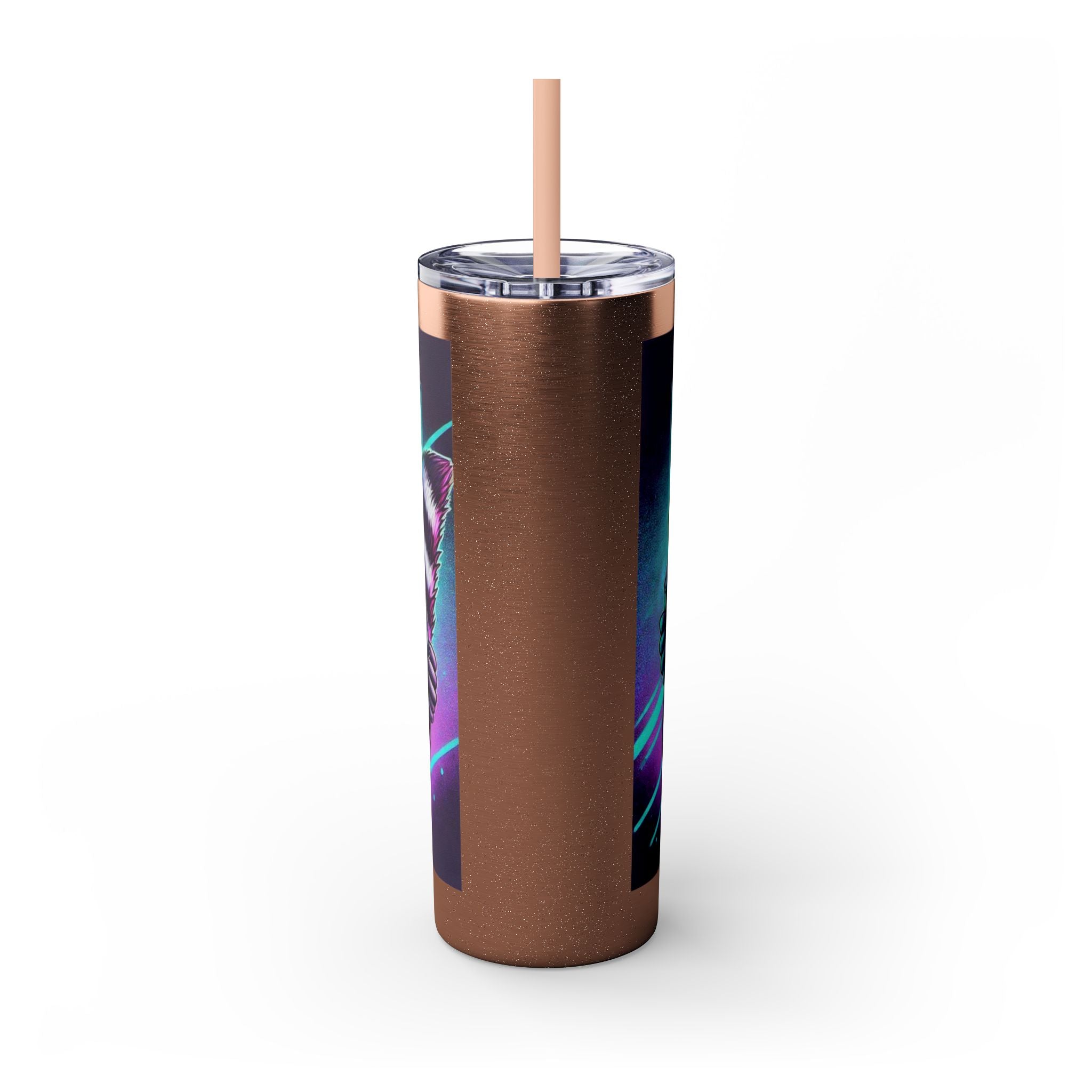 20oz Skinny Tumbler – Neon Gamer Raccoon Design with Straw (KSUE8)