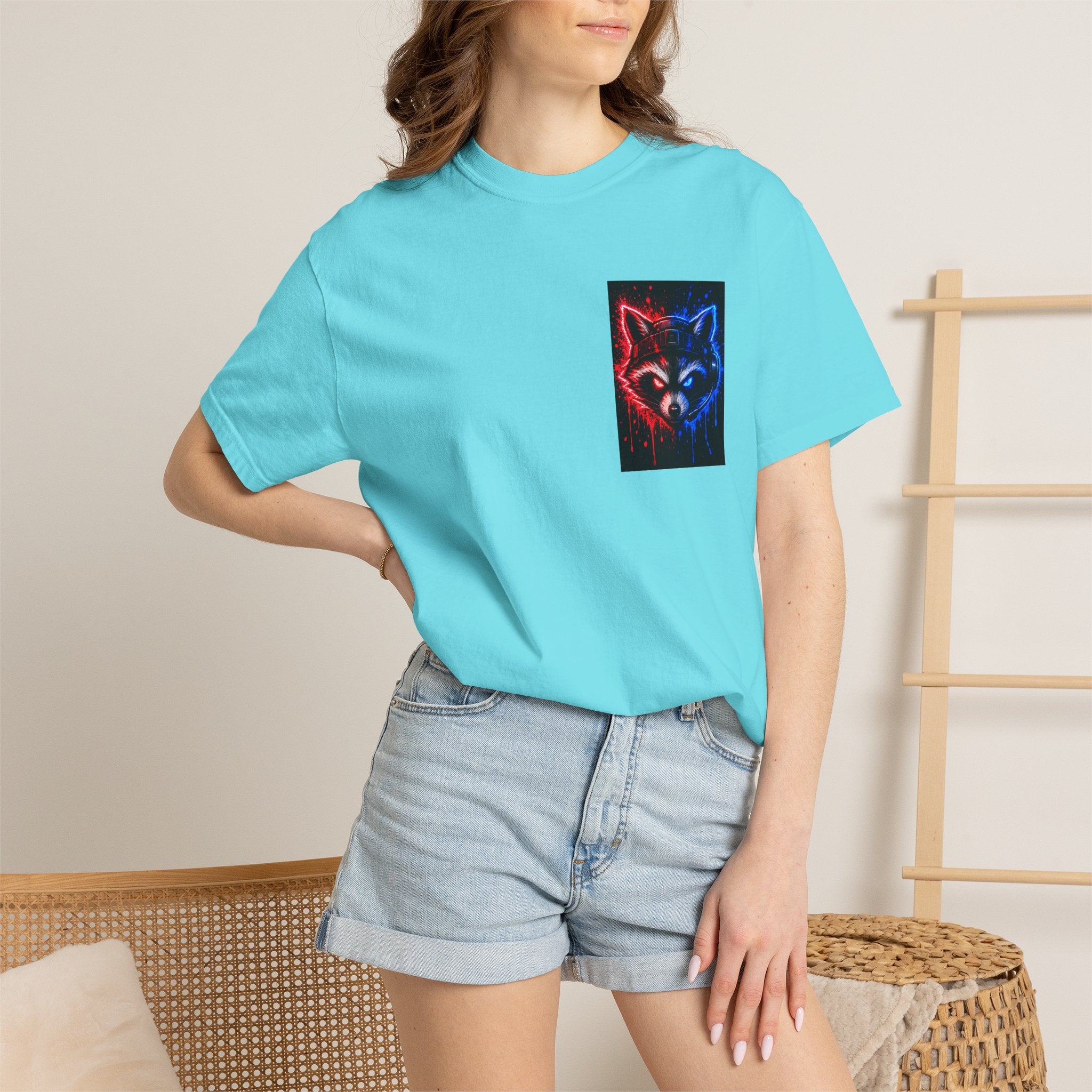 Raccoon Gaming Neon Poster T-Shirt — "Look In, Speak Up, Shine Out" Motivational Tee