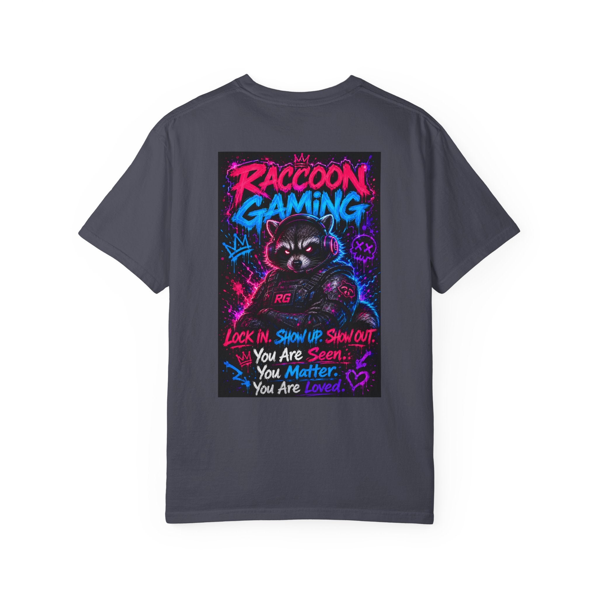 Raccoon Gaming Neon Poster T-Shirt — "Look In, Speak Up, Shine Out" Motivational Tee