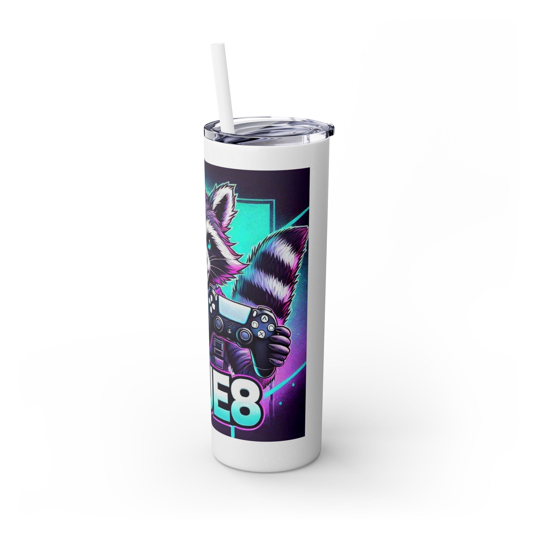20oz Skinny Tumbler – Neon Gamer Raccoon Design with Straw (KSUE8)