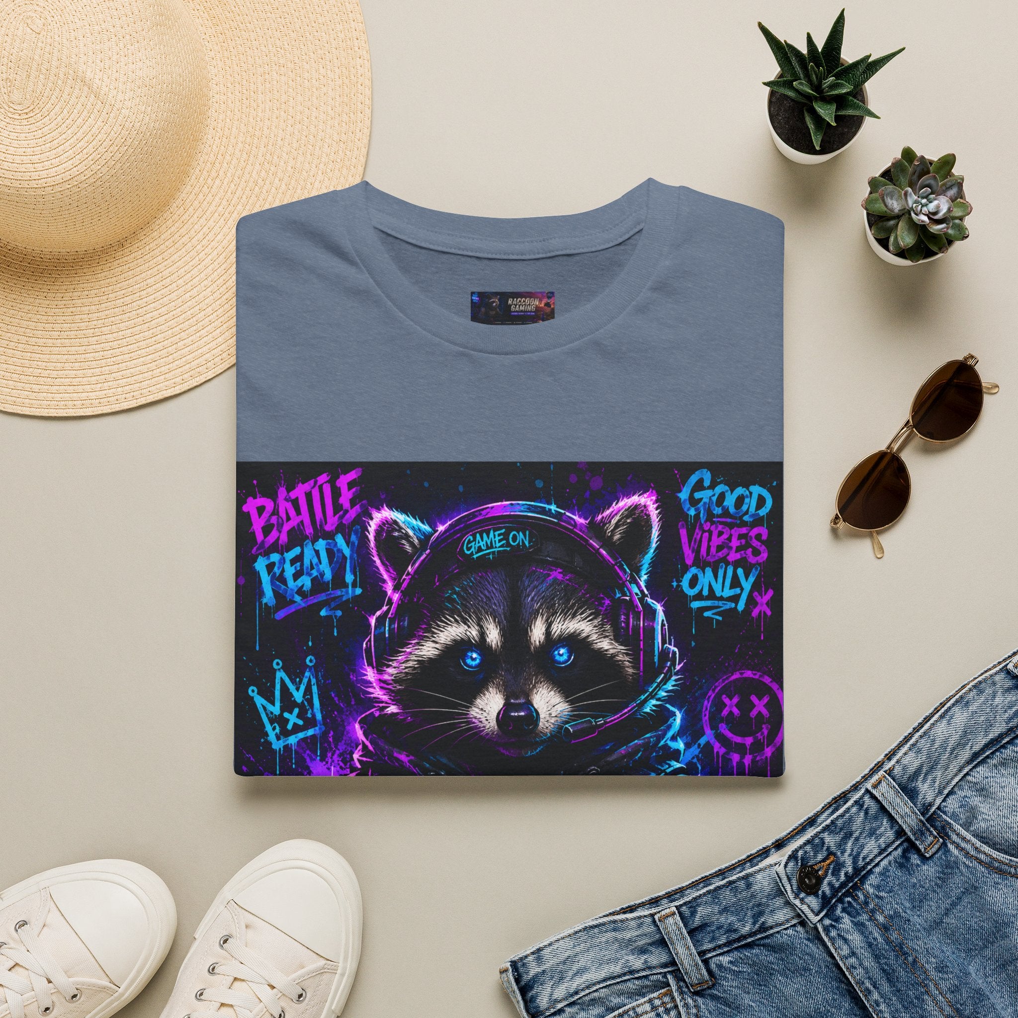 Raccoon Neon Graphic T-Shirt — "Good Vibes Only" Retro Gamer Streetwear