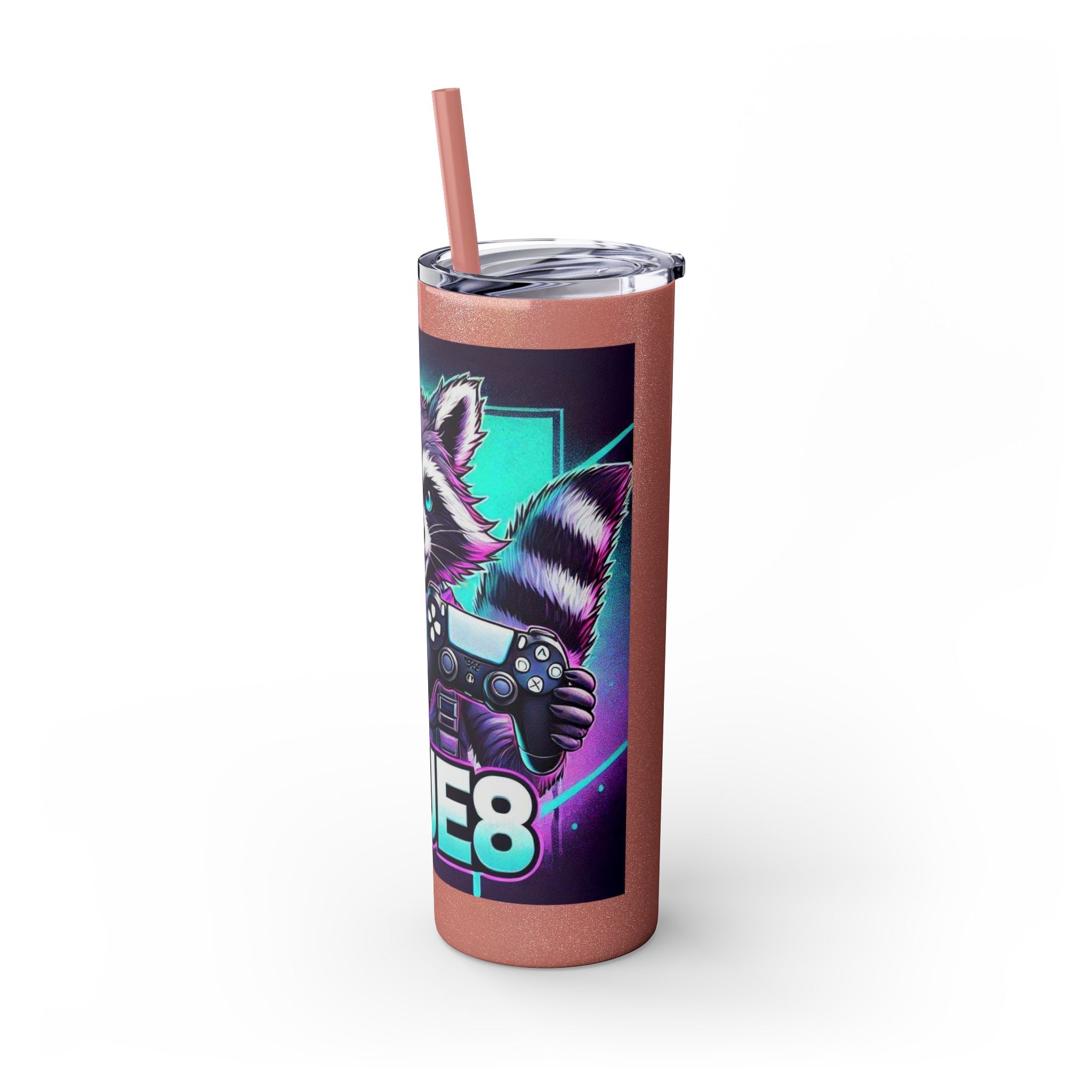 20oz Skinny Tumbler – Neon Gamer Raccoon Design with Straw (KSUE8)