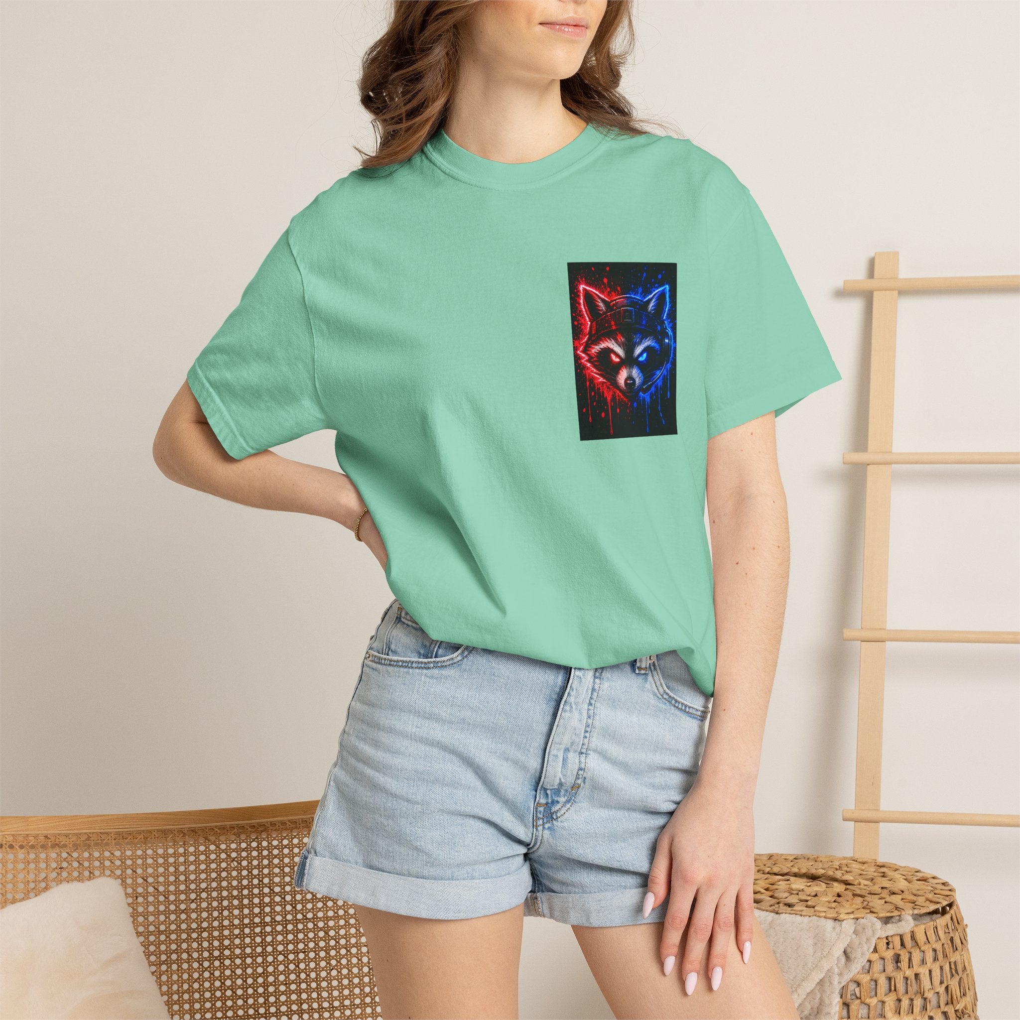 Raccoon Gaming Neon Poster T-Shirt — "Look In, Speak Up, Shine Out" Motivational Tee