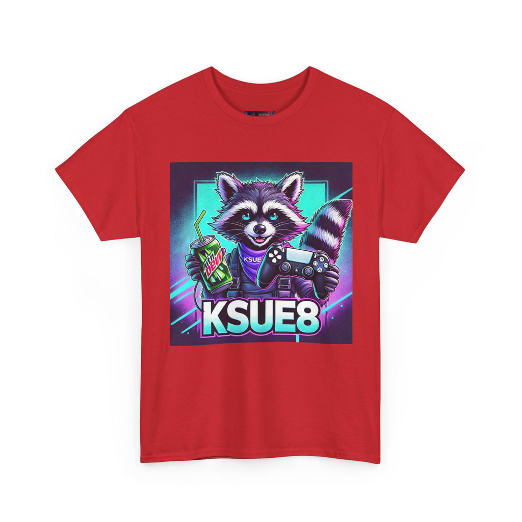 Raccoon Gamer Graphic Tee — 'KSUE8' Neon Retro Gaming T-Shirt
