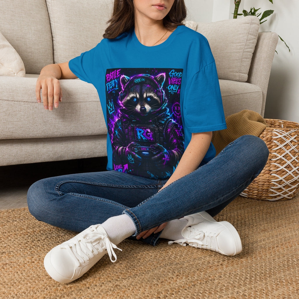 Raccoon Neon Graphic T-Shirt — "Good Vibes Only" Retro Gamer Streetwear