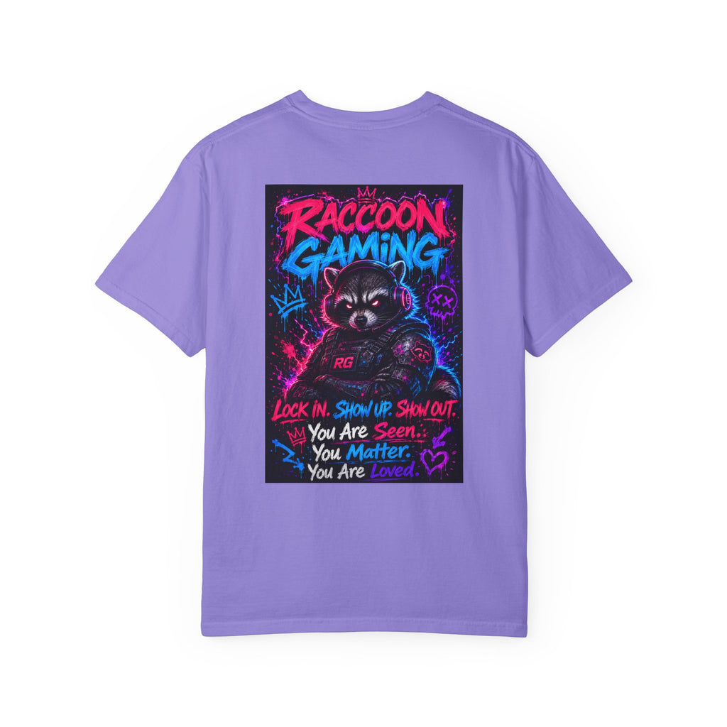 Raccoon Gaming Neon Poster T-Shirt — "Look In, Speak Up, Shine Out" Motivational Tee