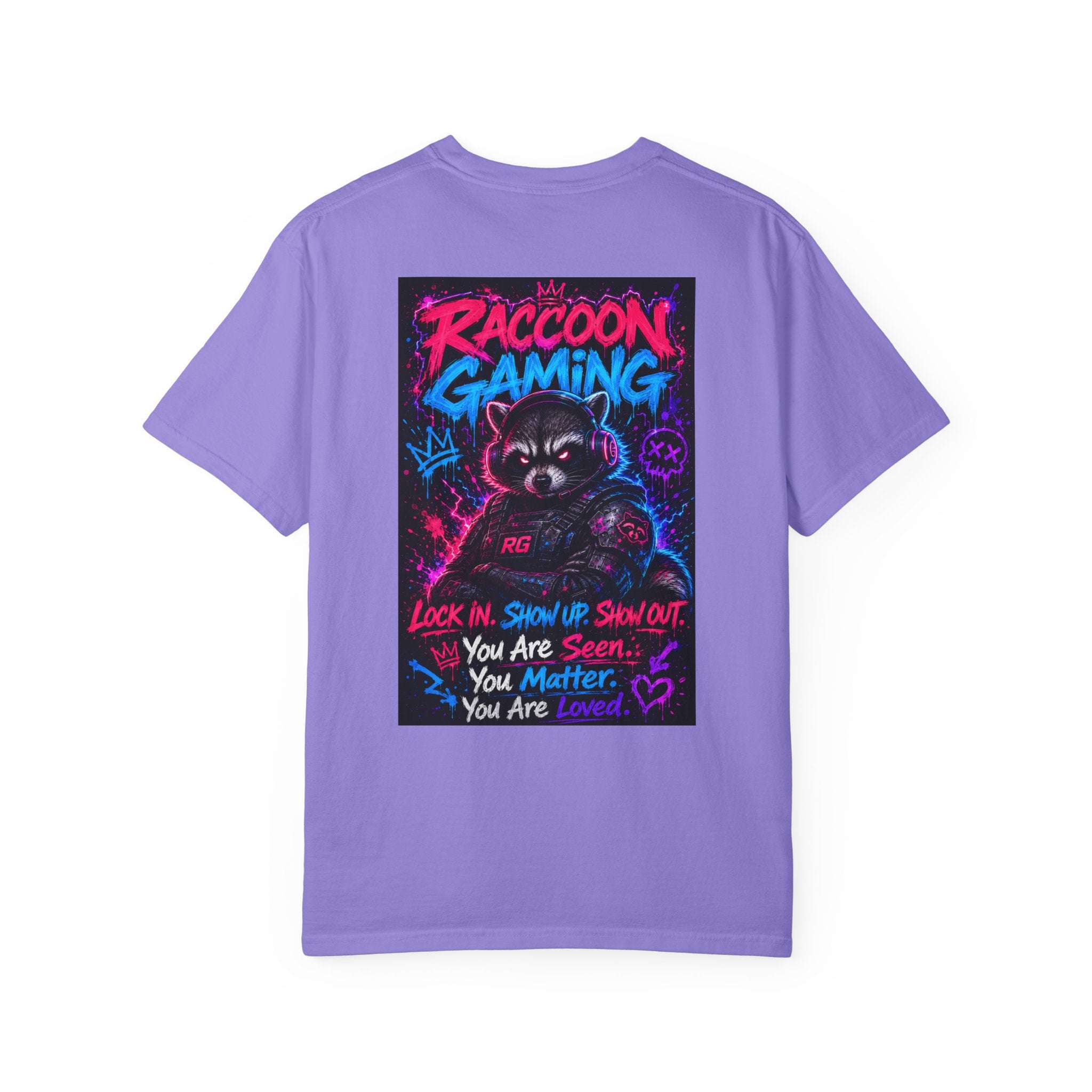 Raccoon Gaming Neon Poster T-Shirt — "Look In, Speak Up, Shine Out" Motivational Tee