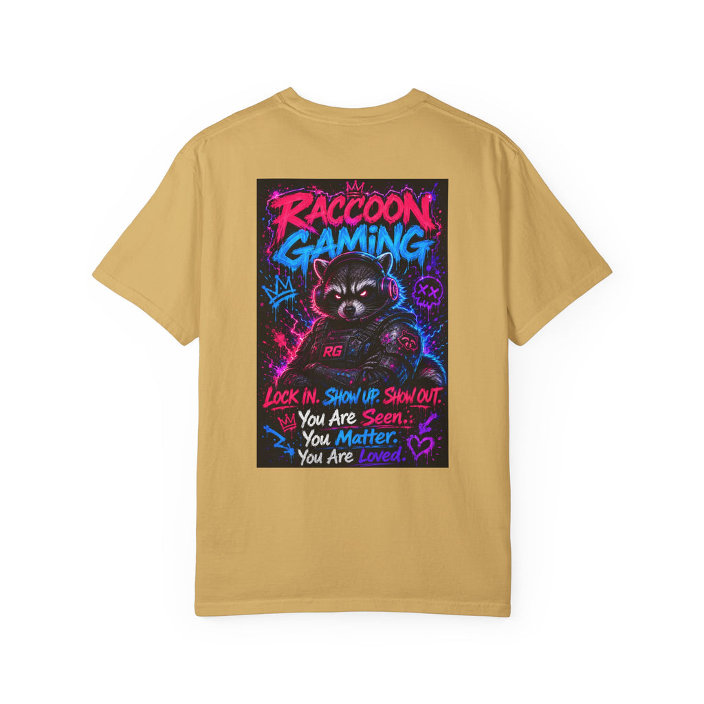 Raccoon Gaming Neon Poster T-Shirt — "Look In, Speak Up, Shine Out" Motivational Tee