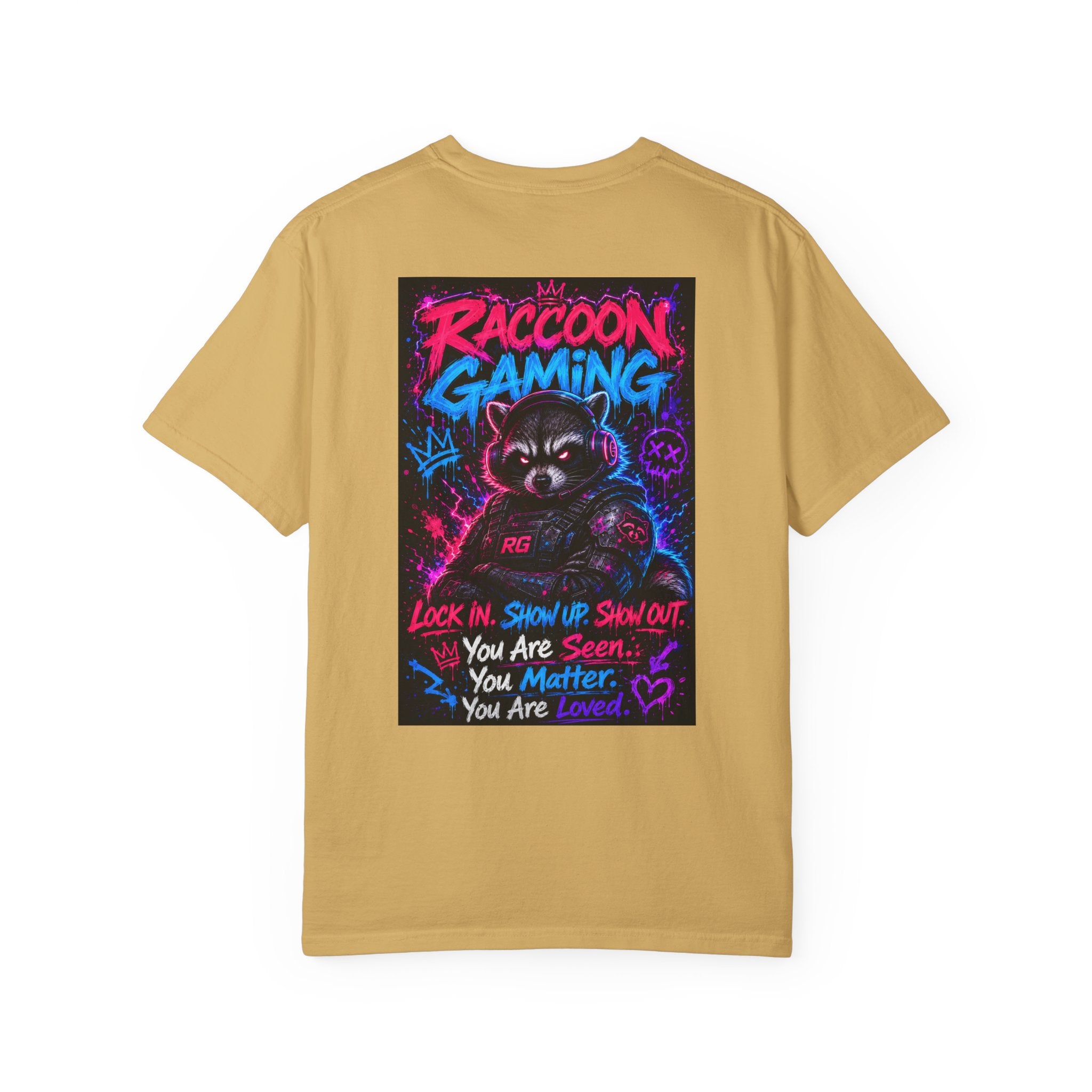 Raccoon Gaming Neon Poster T-Shirt — "Look In, Speak Up, Shine Out" Motivational Tee