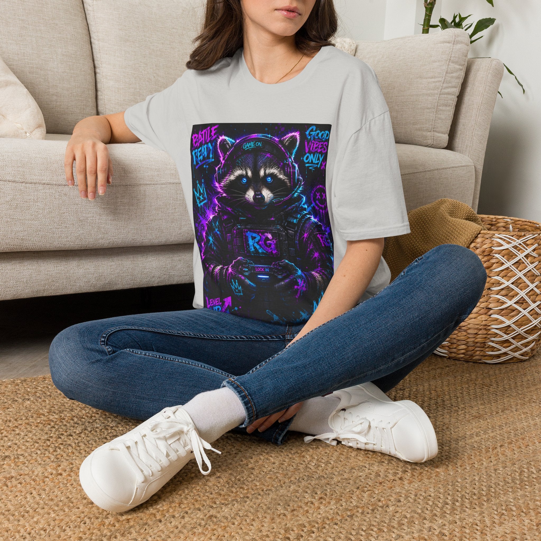 Raccoon Neon Graphic T-Shirt — "Good Vibes Only" Retro Gamer Streetwear