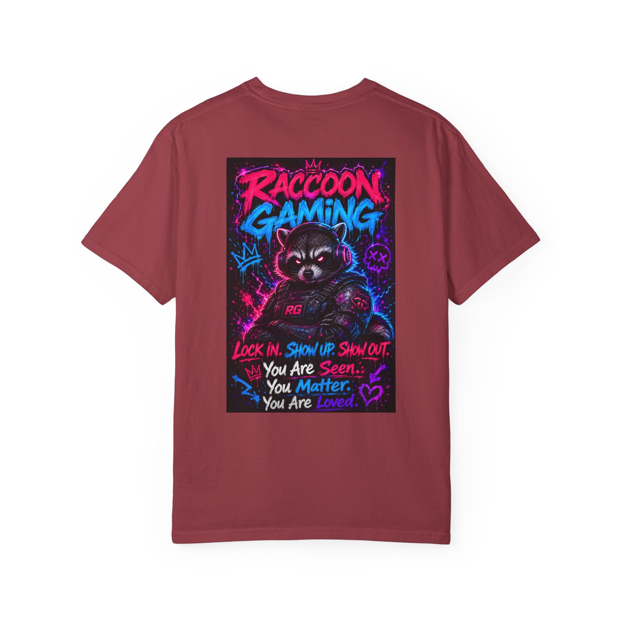 Raccoon Gaming Neon Poster T-Shirt — "Look In, Speak Up, Shine Out" Motivational Tee
