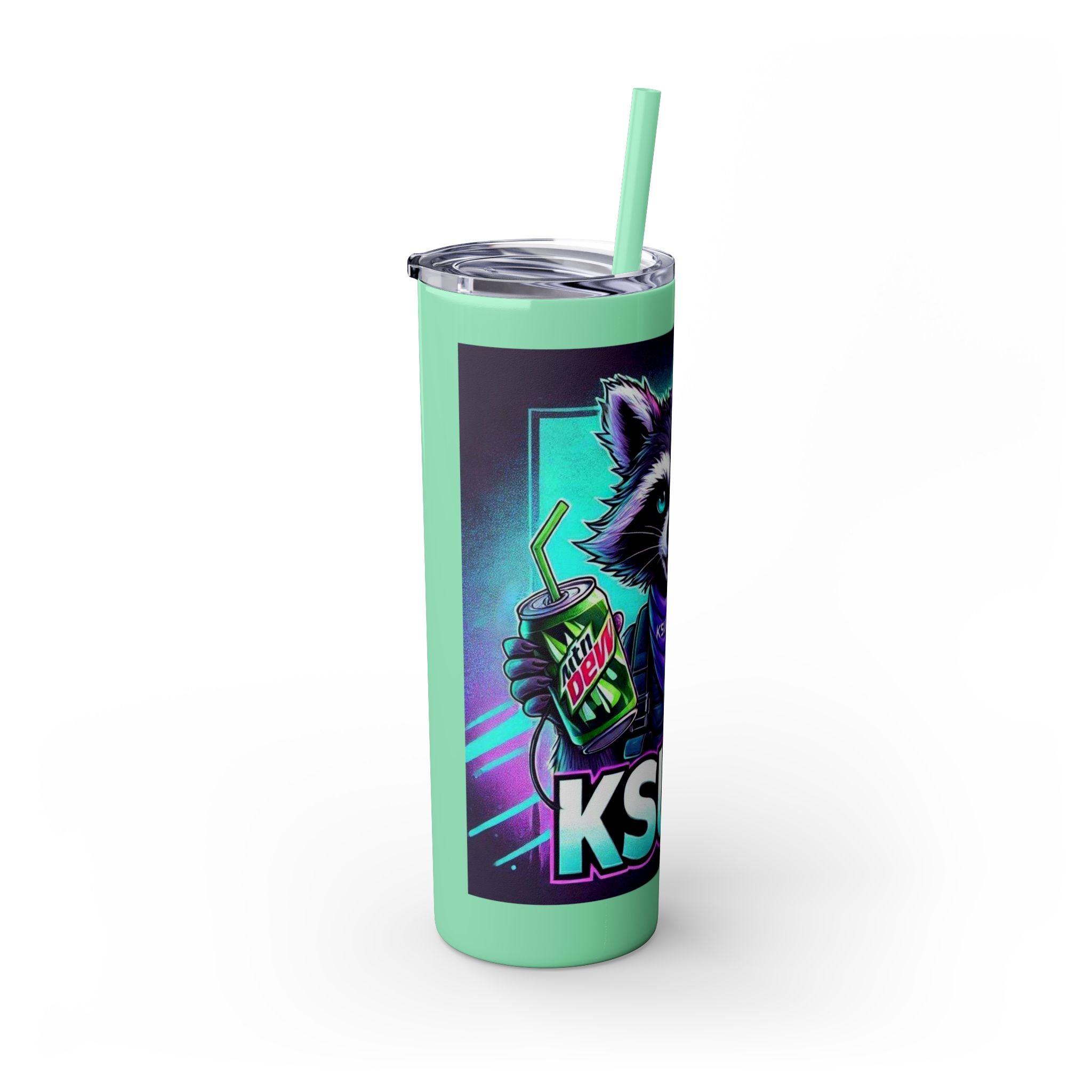 20oz Skinny Tumbler – Neon Gamer Raccoon Design with Straw (KSUE8)