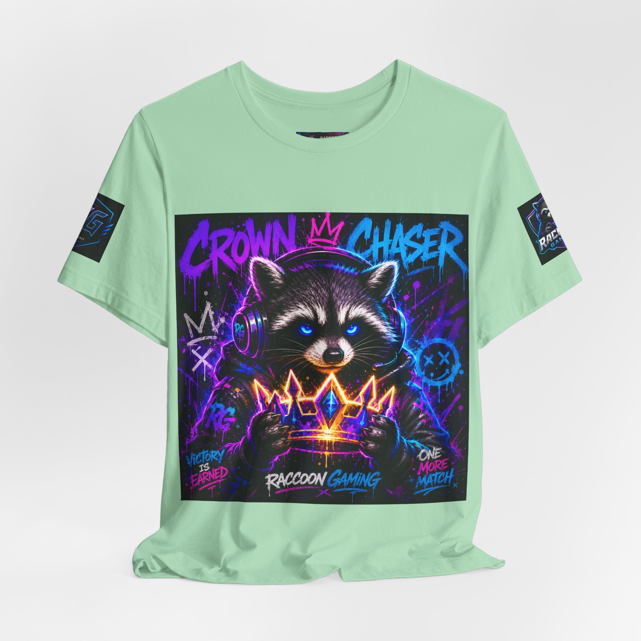 Crown Chaser Raccoon Gaming Tee — "Every Match is Earned" Gamer T-Shirt