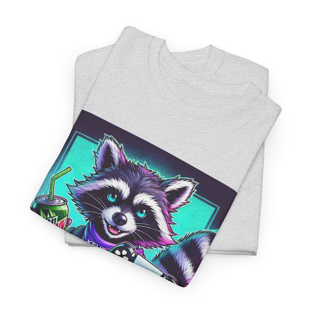 Raccoon Gamer Graphic Tee — 'KSUE8' Neon Retro Gaming T-Shirt