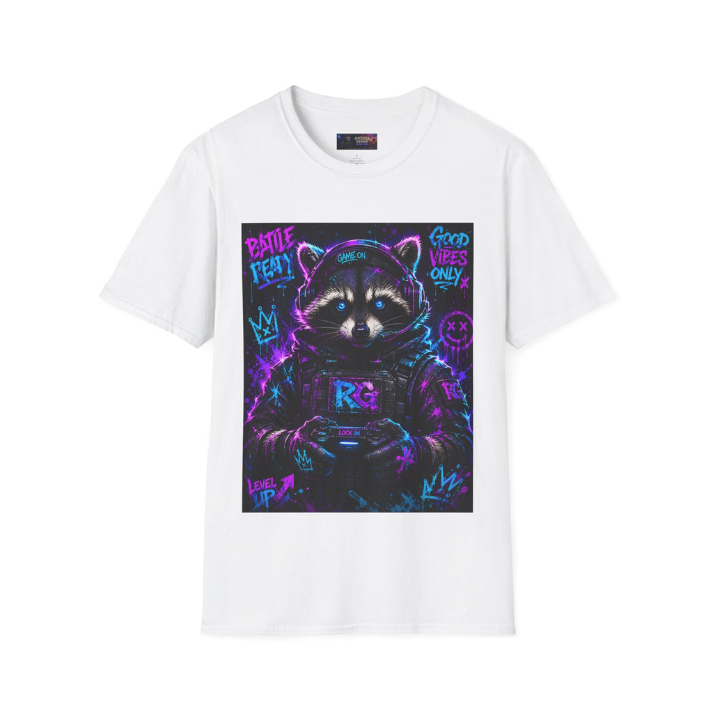 Raccoon Neon Graphic T-Shirt — "Good Vibes Only" Retro Gamer Streetwear