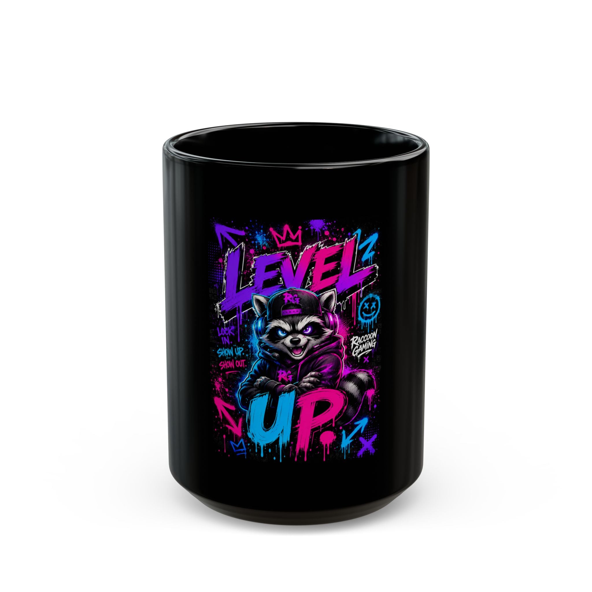 Level Up Gamer Raccoon Black Mug – Neon Retro Gaming Coffee Cup (11oz/15oz)