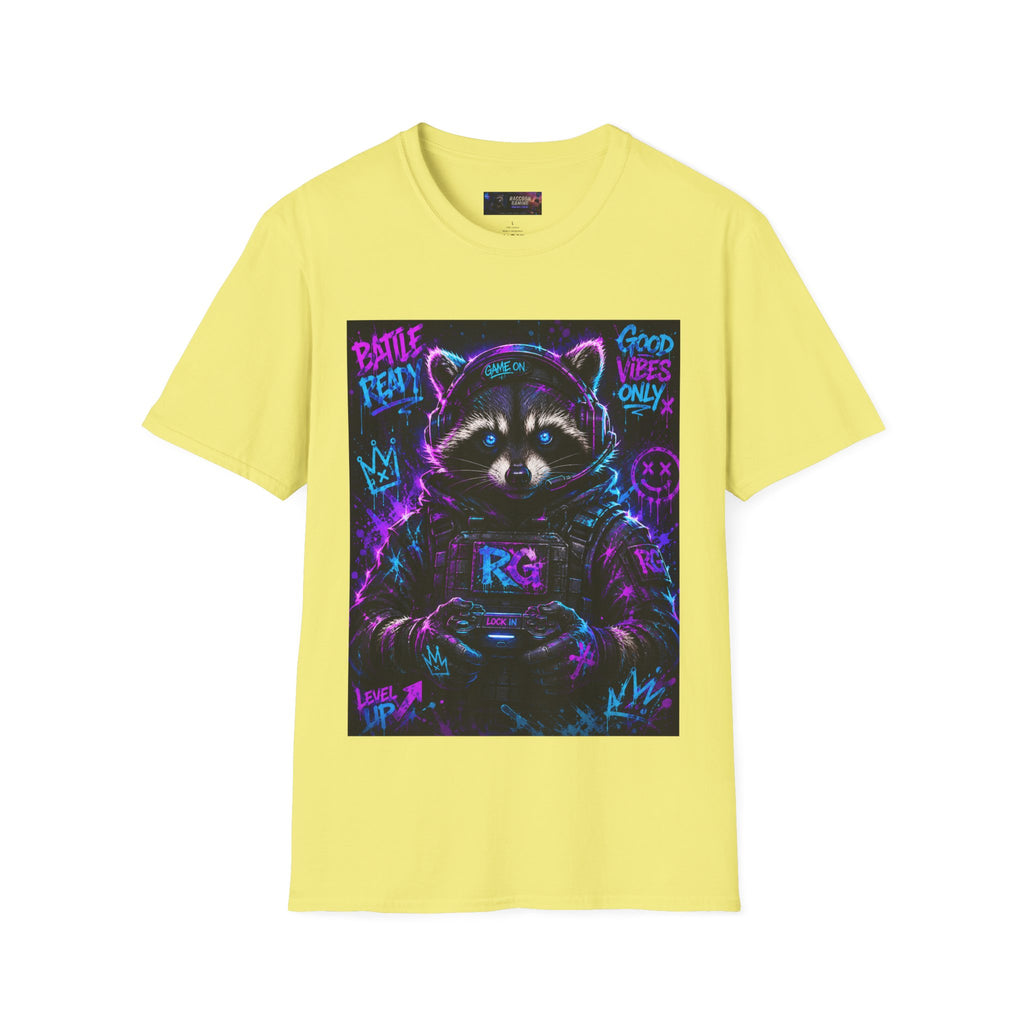 Raccoon Neon Graphic T-Shirt — "Good Vibes Only" Retro Gamer Streetwear