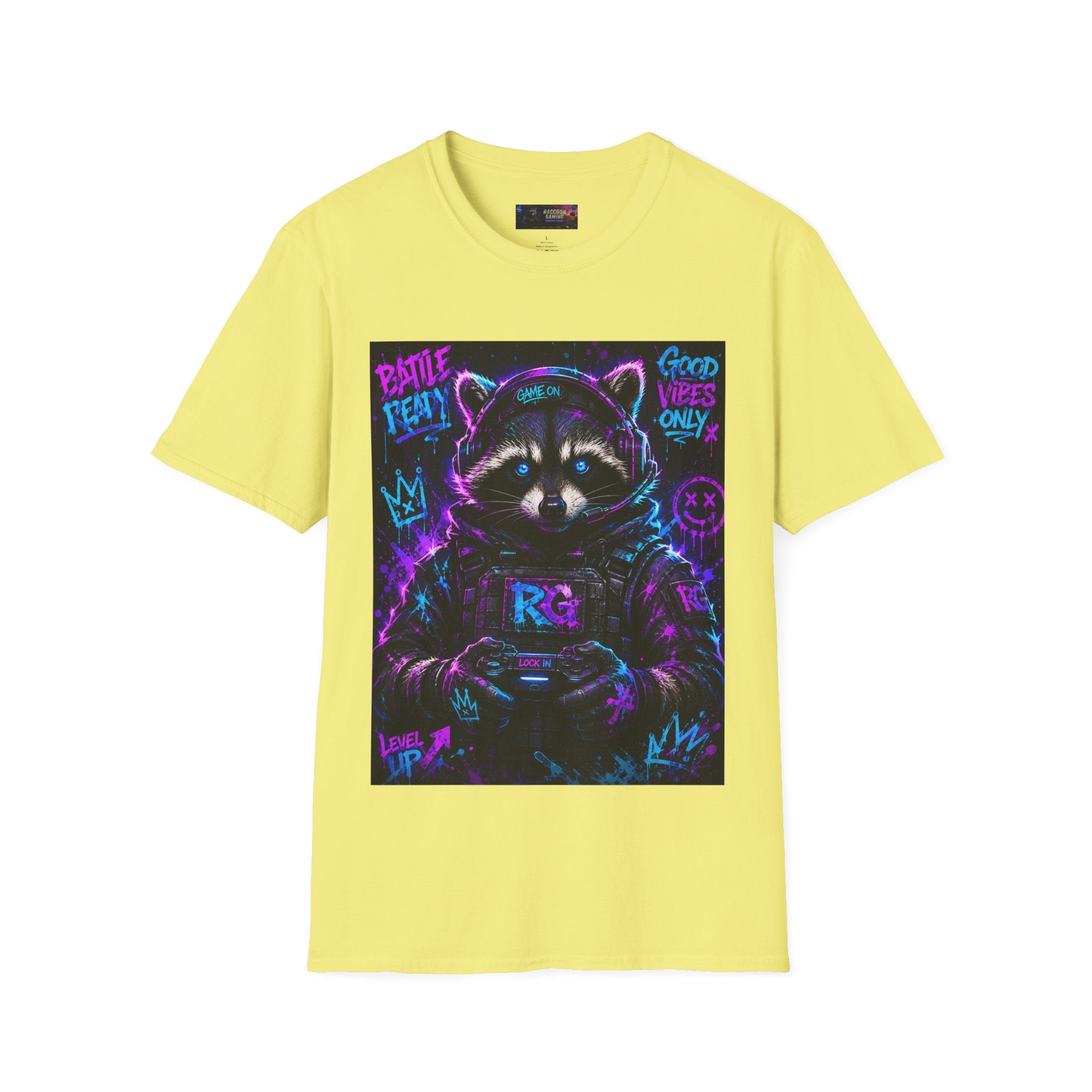 Raccoon Neon Graphic T-Shirt — "Good Vibes Only" Retro Gamer Streetwear