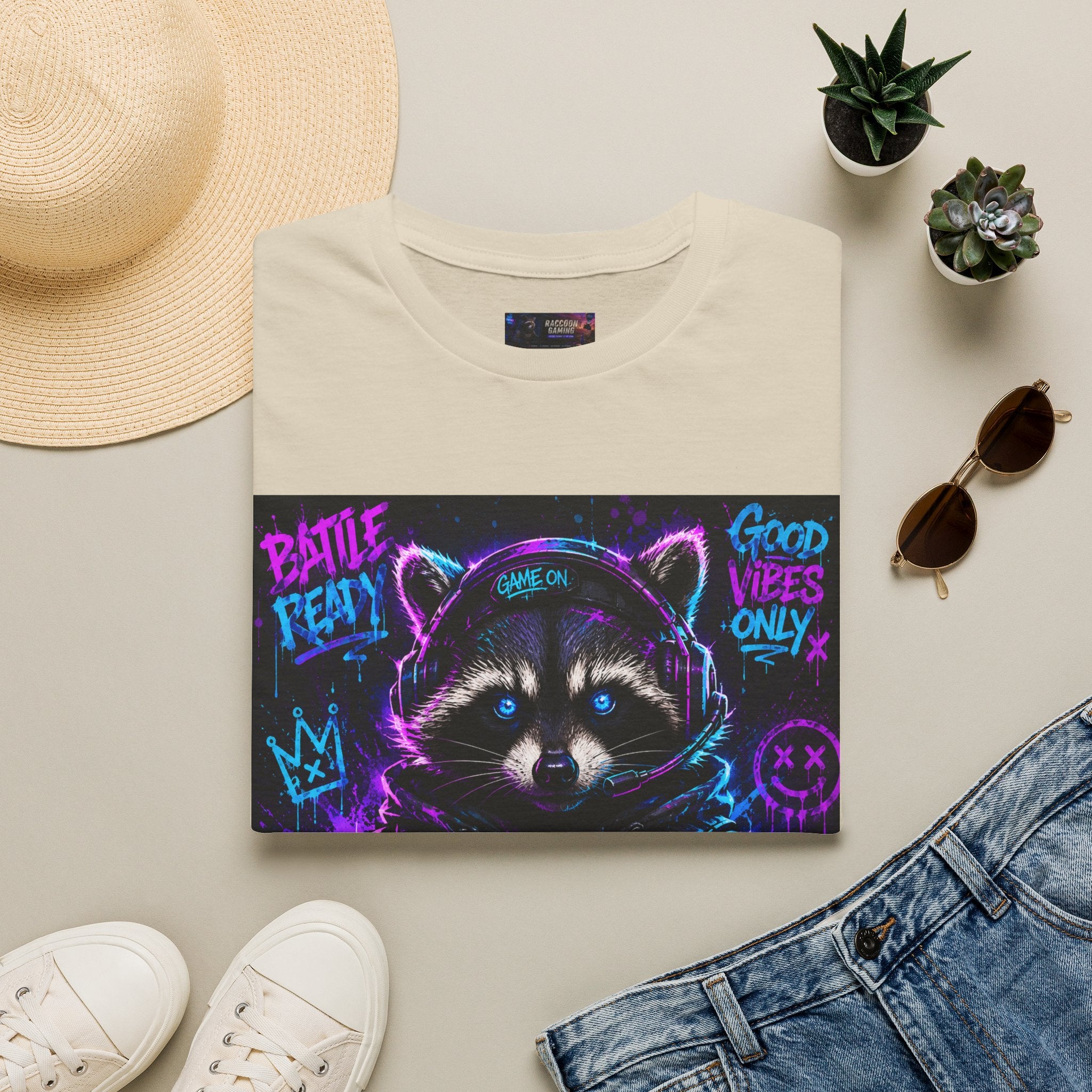 Raccoon Neon Graphic T-Shirt — "Good Vibes Only" Retro Gamer Streetwear