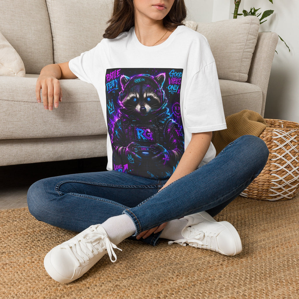 Raccoon Neon Graphic T-Shirt — "Good Vibes Only" Retro Gamer Streetwear