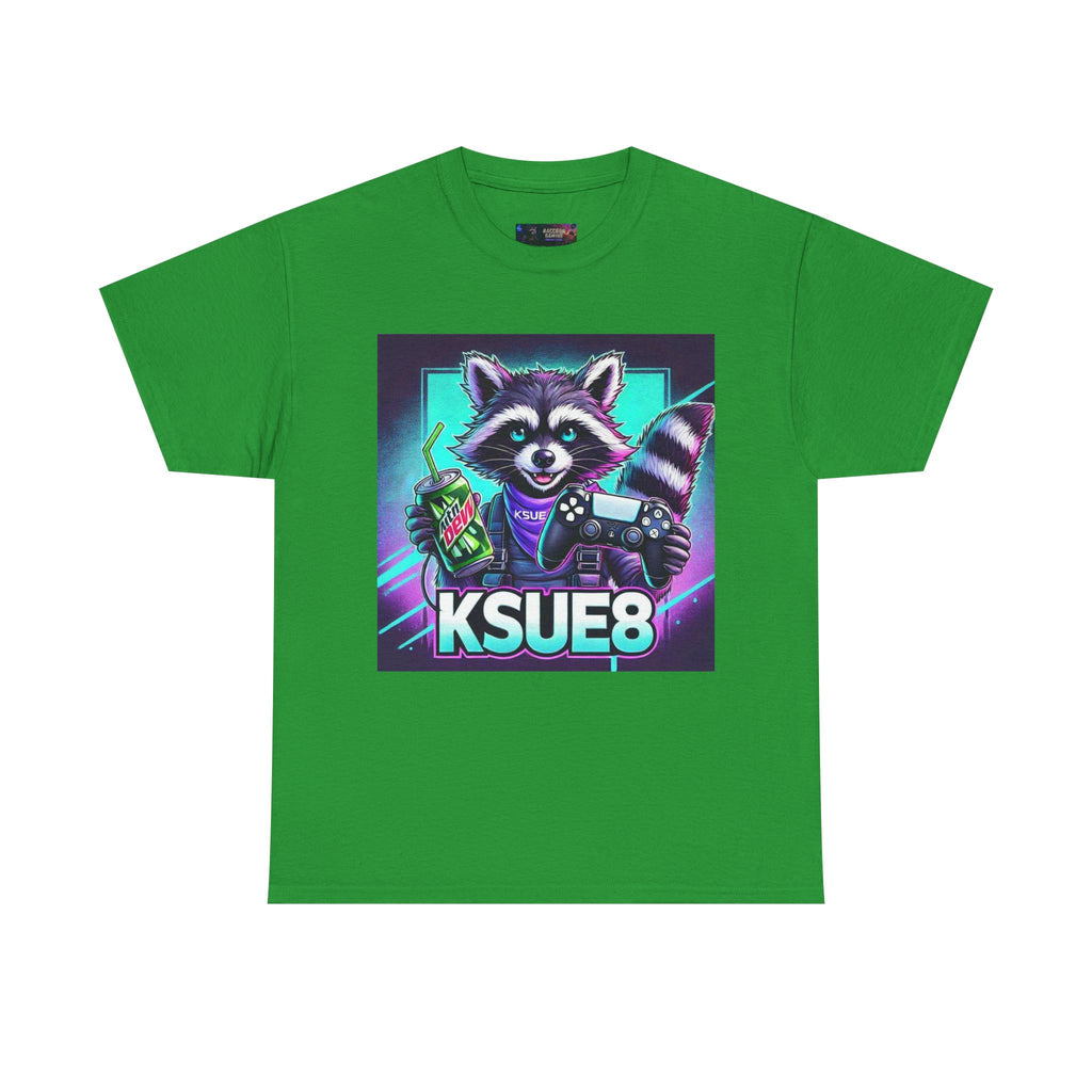 Raccoon Gamer Graphic Tee — 'KSUE8' Neon Retro Gaming T-Shirt