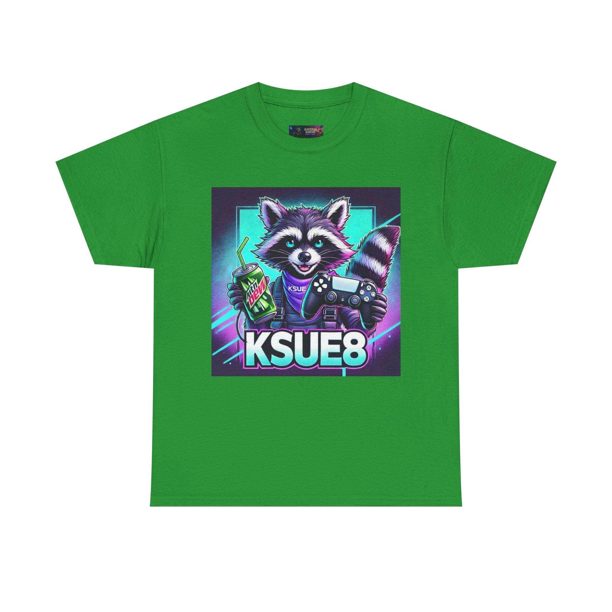 Raccoon Gamer Graphic Tee — 'KSUE8' Neon Retro Gaming T-Shirt