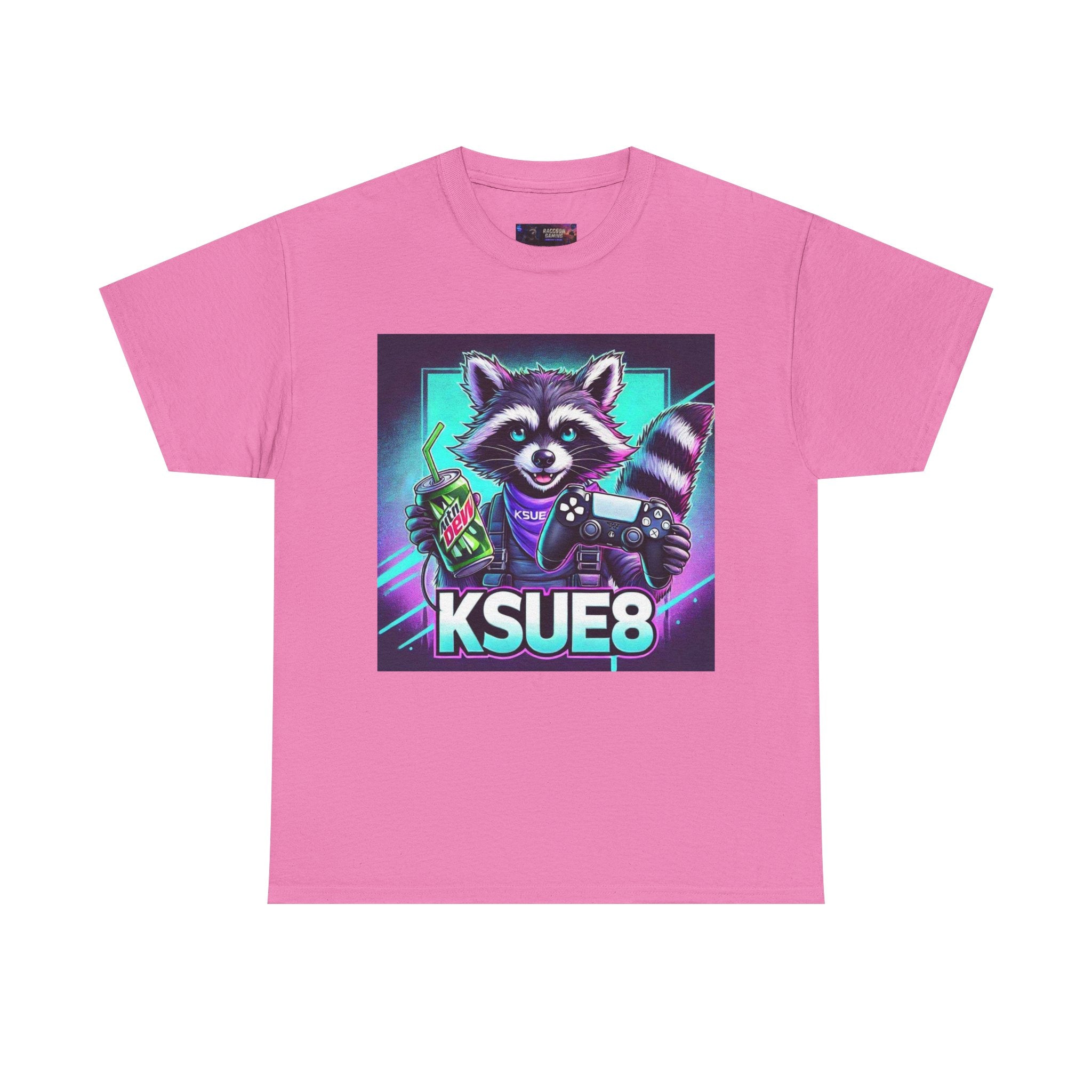 Raccoon Gamer Graphic Tee — 'KSUE8' Neon Retro Gaming T-Shirt