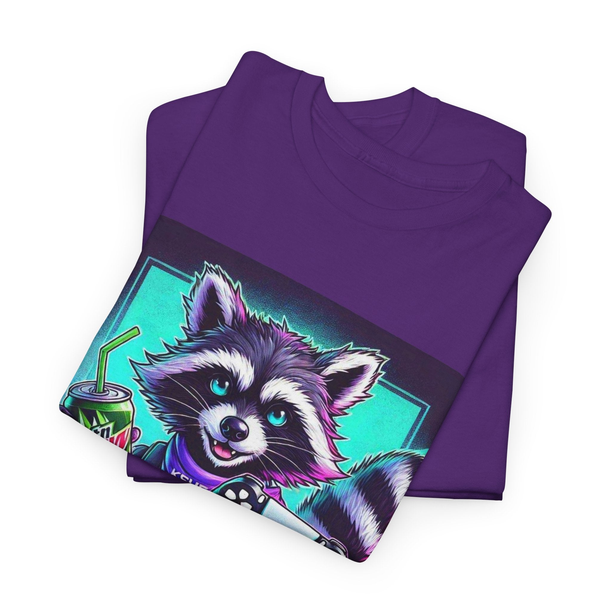 Raccoon Gamer Graphic Tee — 'KSUE8' Neon Retro Gaming T-Shirt