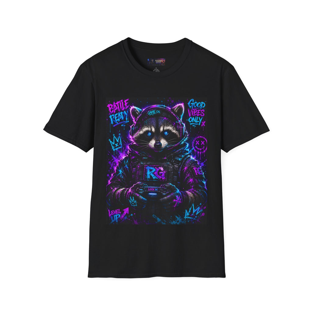 Raccoon Neon Graphic T-Shirt — "Good Vibes Only" Retro Gamer Streetwear