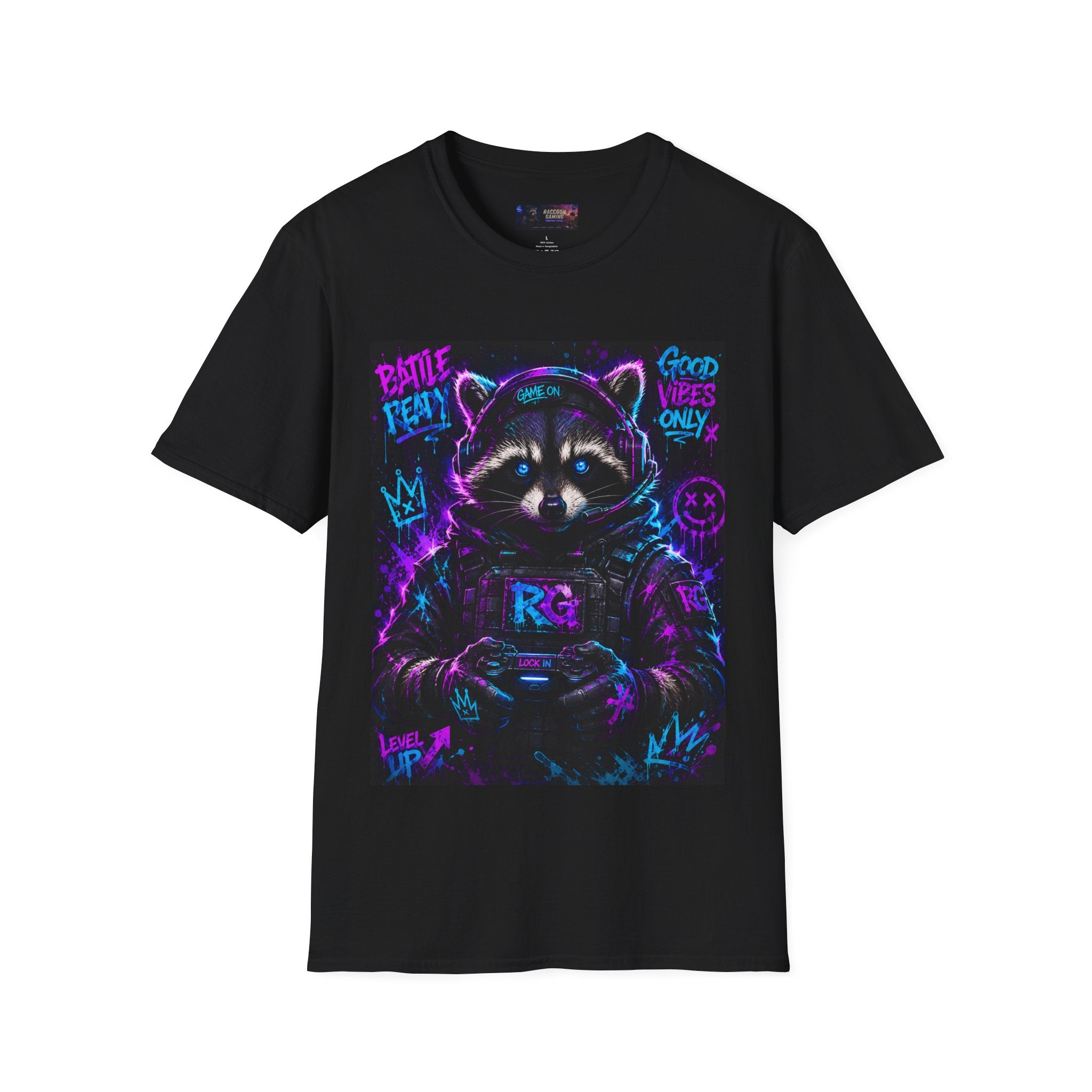 Raccoon Neon Graphic T-Shirt — "Good Vibes Only" Retro Gamer Streetwear